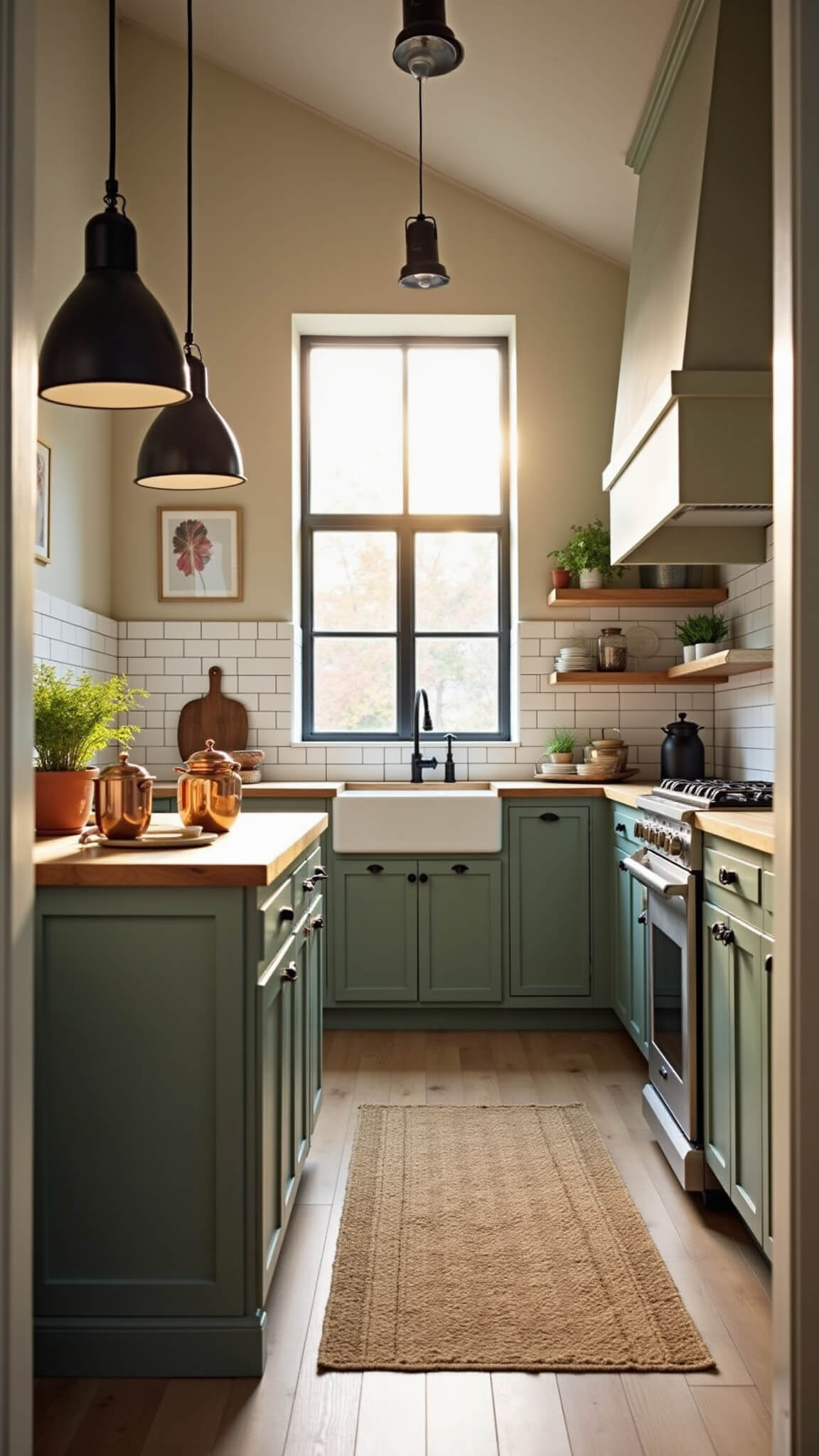 Modern farmhouse kitchen with sage green cabinets, butcher block counters, white subway tile backsplash, and warm golden hour sunlight streaming in.