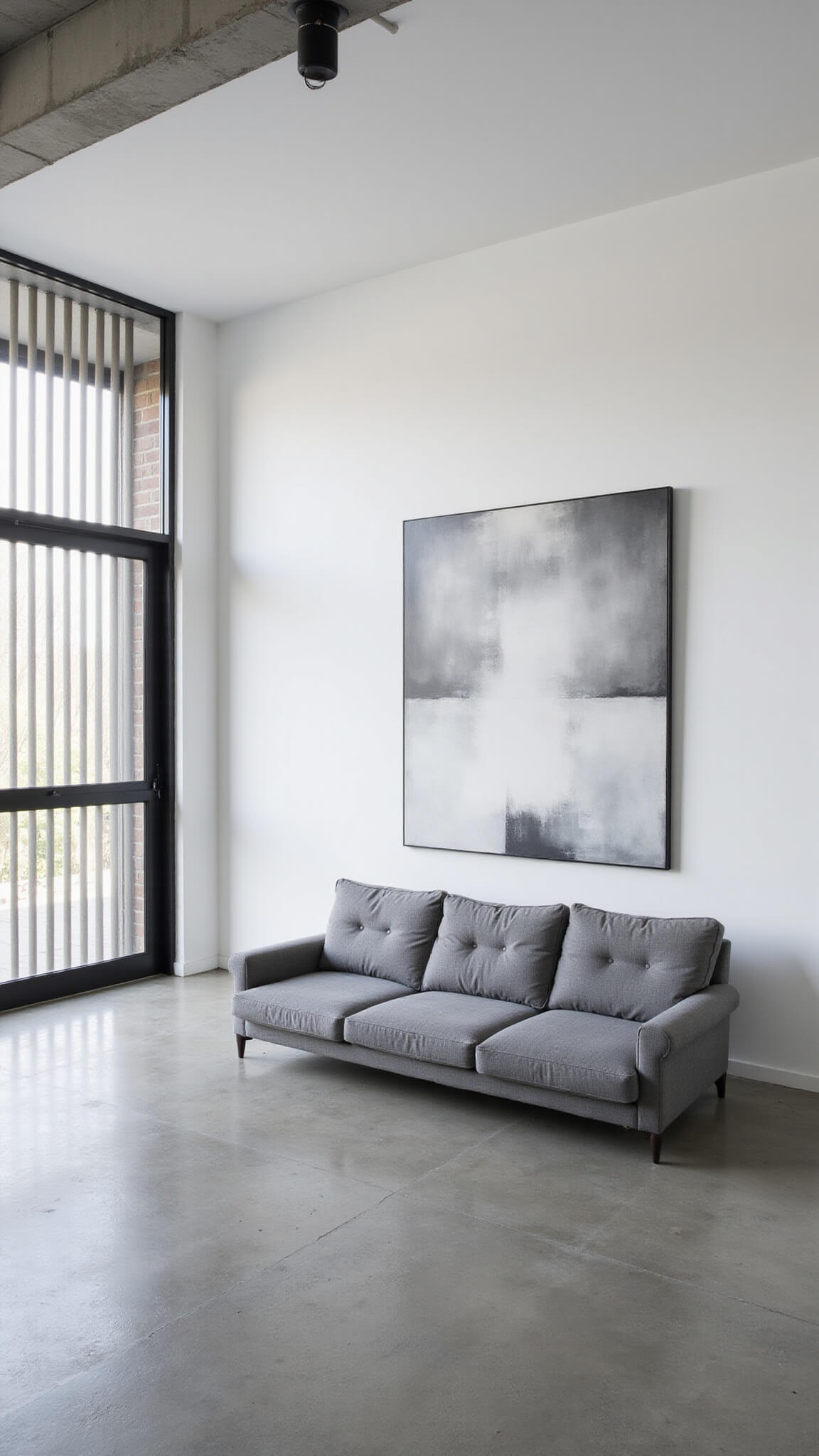 Minimalist open-concept living space with grey bouclé sofa, polished concrete floors, and monochromatic decor viewed from above in soft afternoon light.