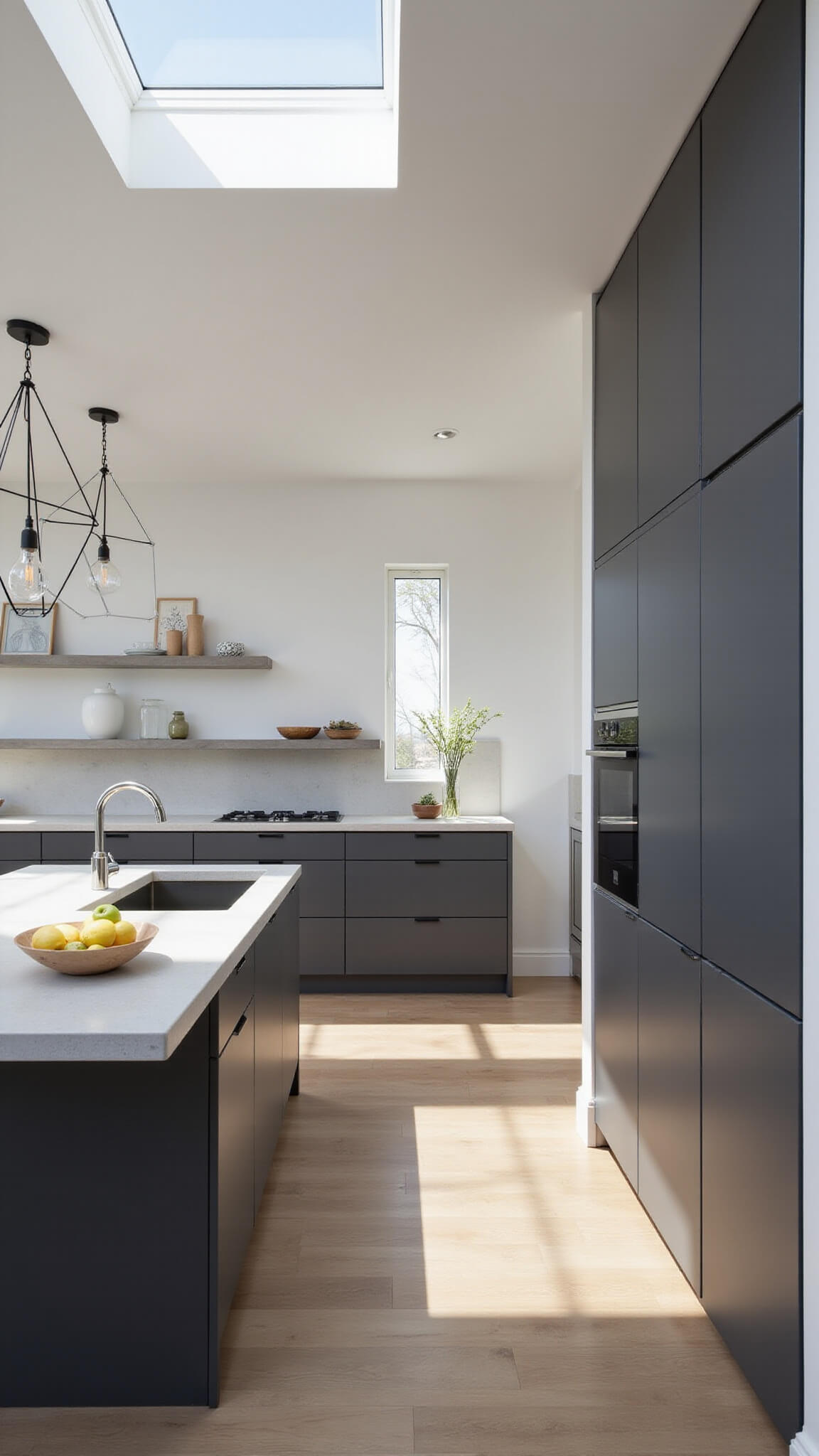 Modern 13x18ft kitchen with white upper and charcoal lower cabinets, concrete countertops, floating shelves, and geometric pendant lights illuminated by skylight.