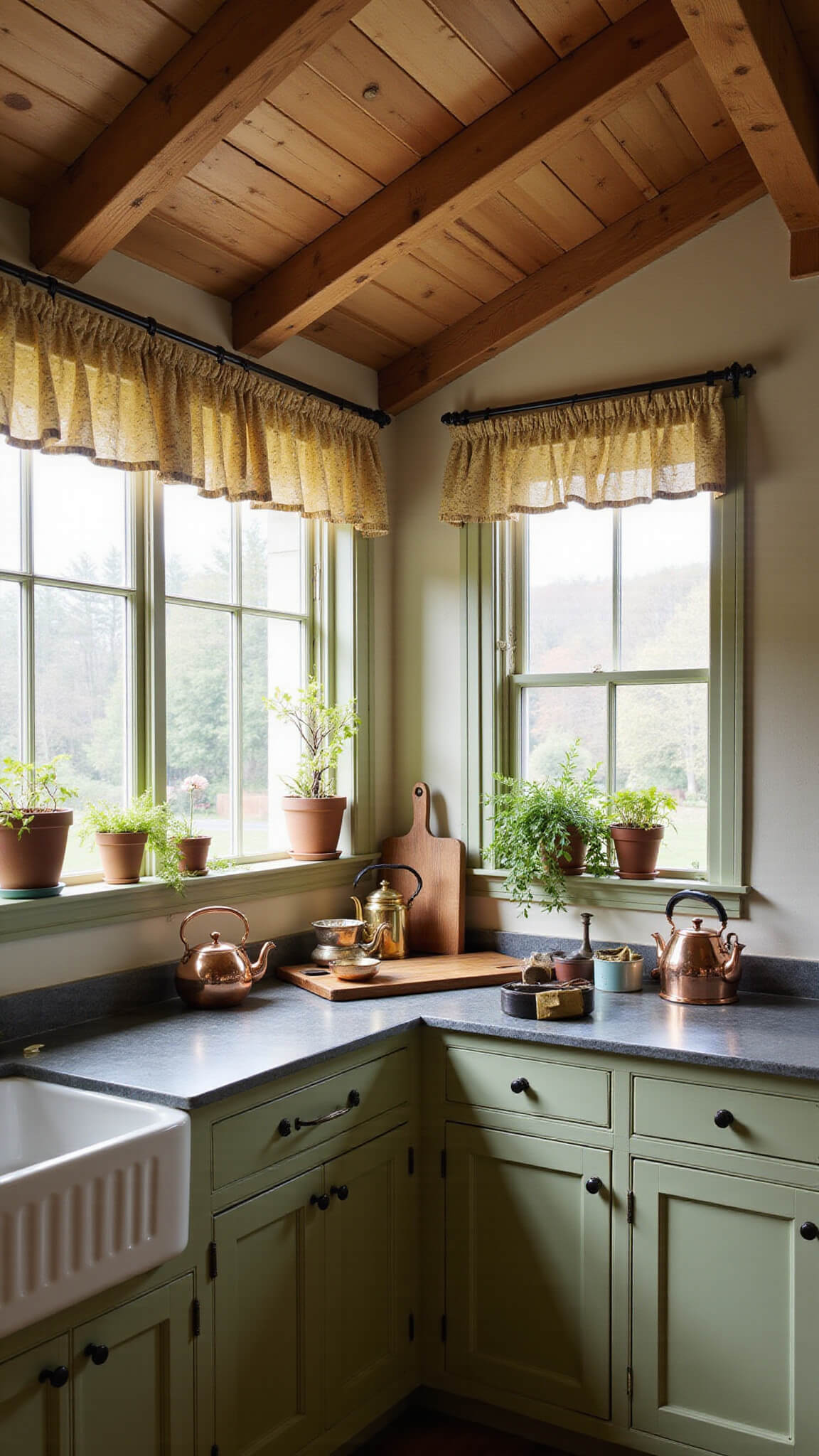 Cozy 10x12ft cottage kitchen with olive green cabinets, exposed beams, soapstone counters, vintage sink, and warm afternoon light filtering through cafe curtains.