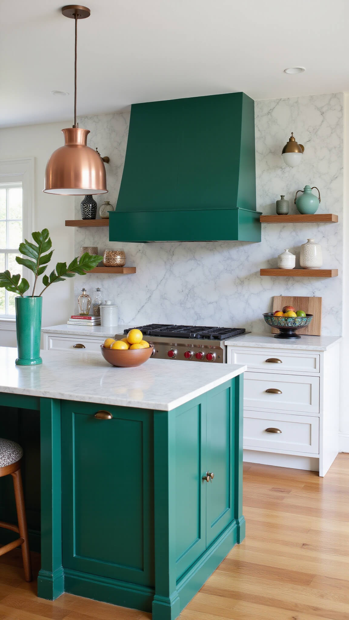 Bold modern kitchen with emerald green island, white cabinets, marble backsplash, pendant lights, and styled with monstera vase, fruit bowl, and cookbooks.