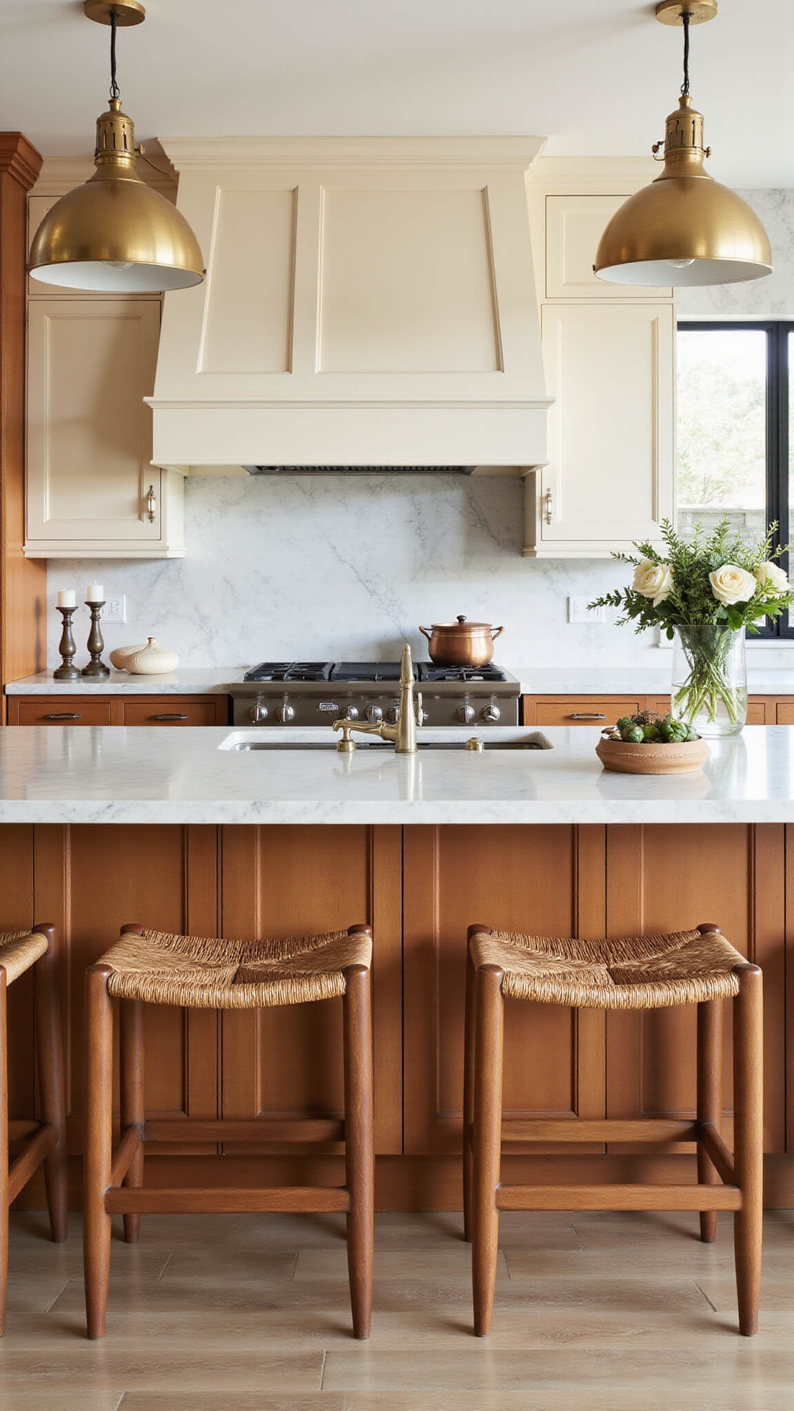 Elegant transitional kitchen with alabaster cabinets, wood accents, quartzite counters, and vintage lighting, softly lit by early morning light.