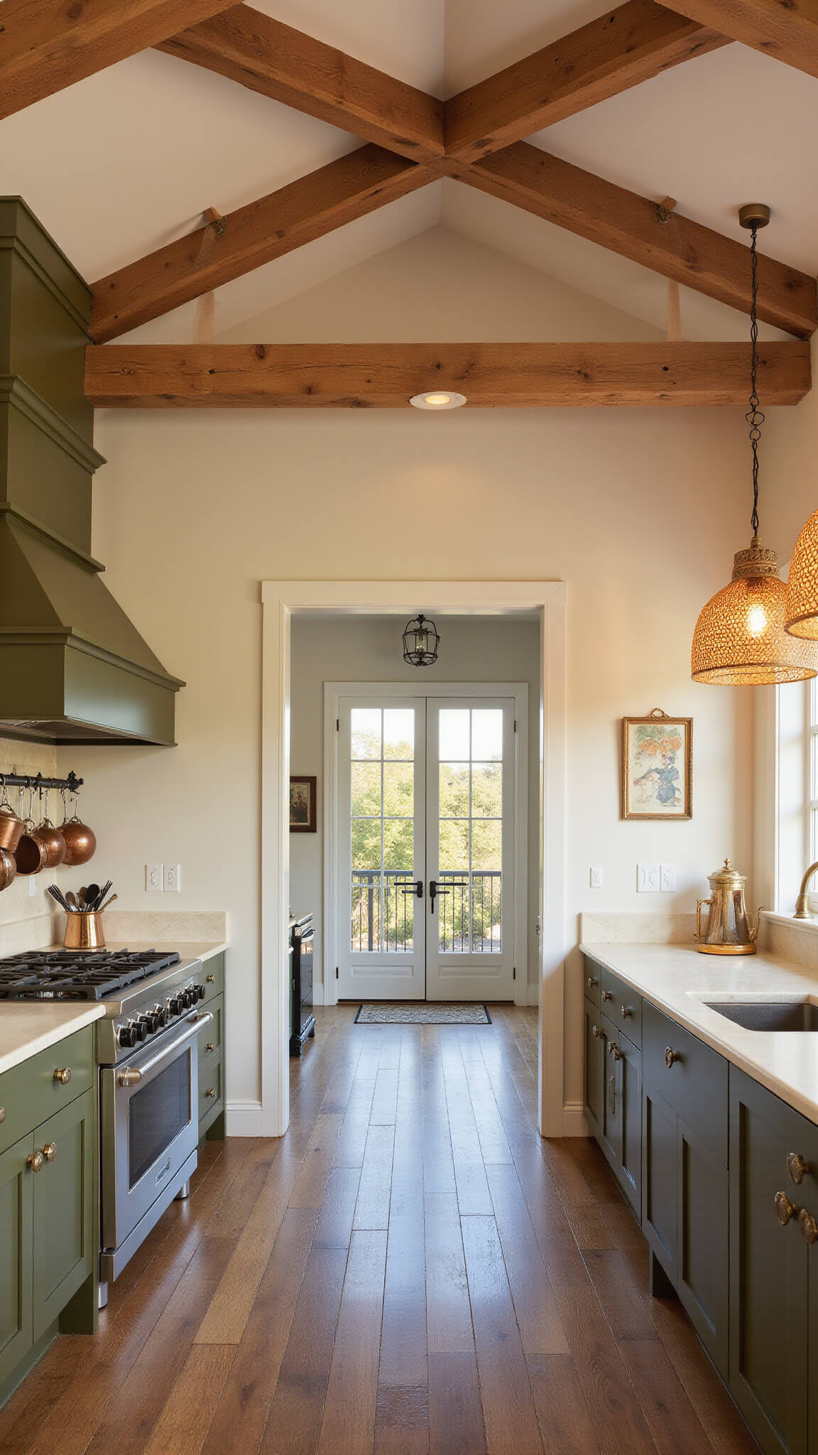 Modern farmhouse kitchen with olive green cabinets, cream limestone counters, exposed wooden ceiling beams, hanging copper pots, and woven pendant lights casting shadows at golden hour.
