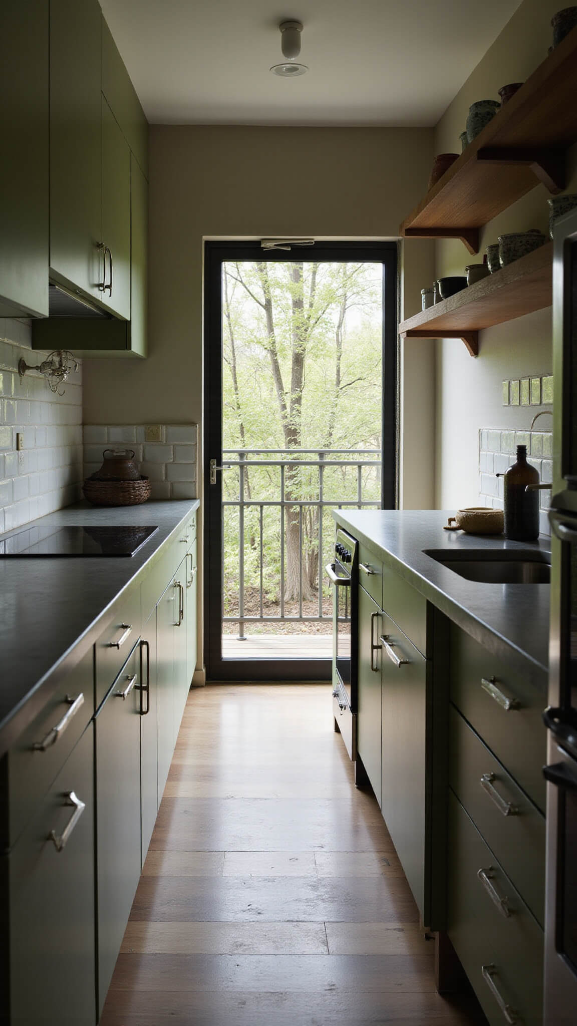 Moody compact galley kitchen with moss green cabinets, soapstone counters, floating wood shelves, and dramatic natural side lighting.