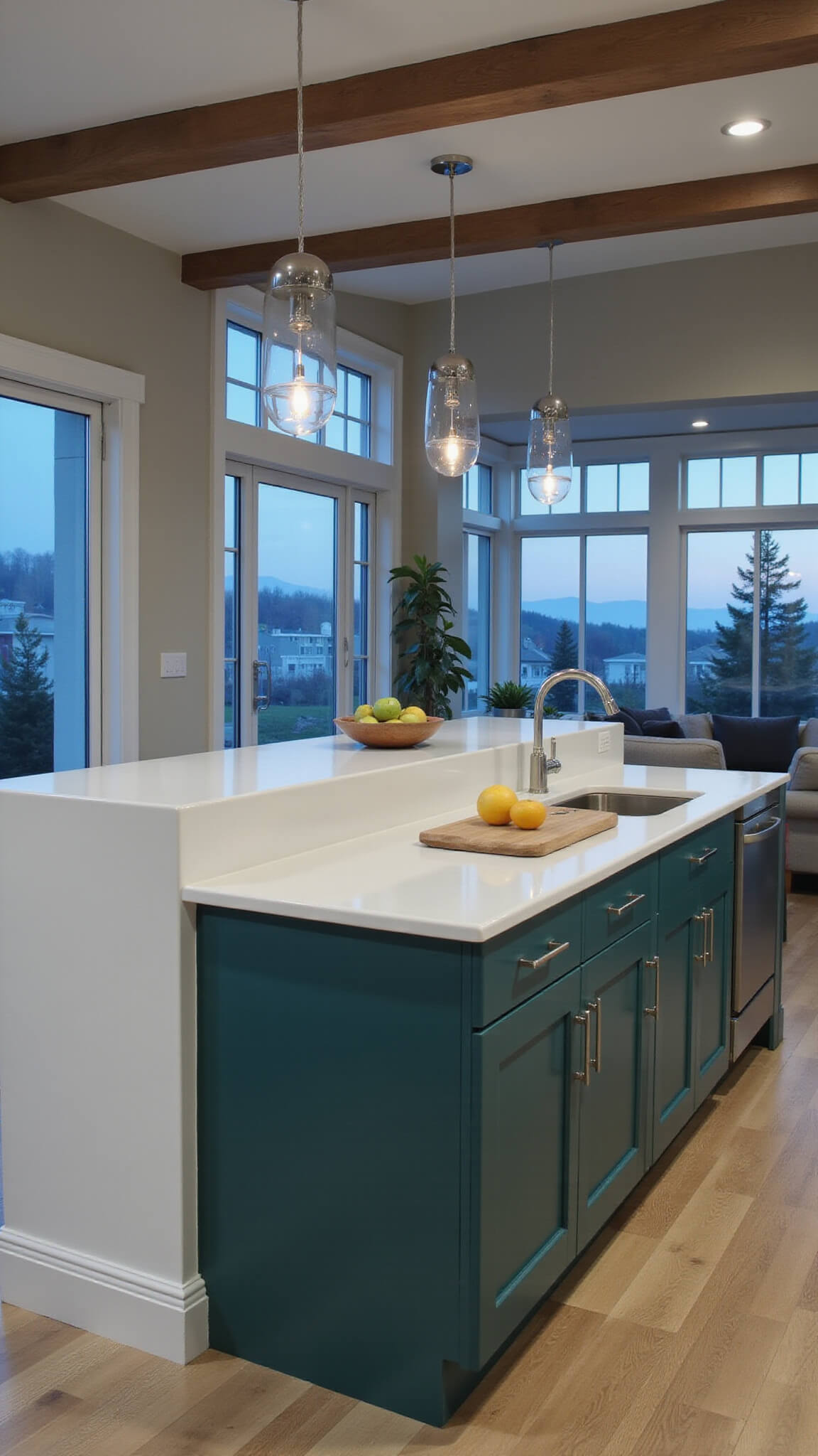 Open-concept kitchen at dusk with deep sea green cabinets, white waterfall quartz island, globe pendant lights, and mixed cool and warm lighting viewed from above.