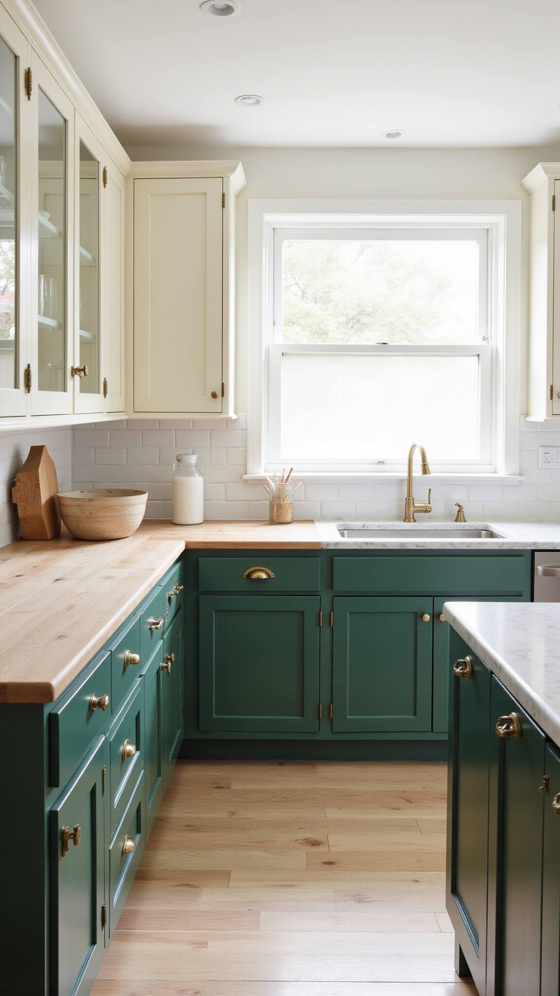 L-shaped kitchen with hunter green cabinets and cream island, featuring butcher block and marble counters, brass hardware, and soft morning light highlighting high ceilings.