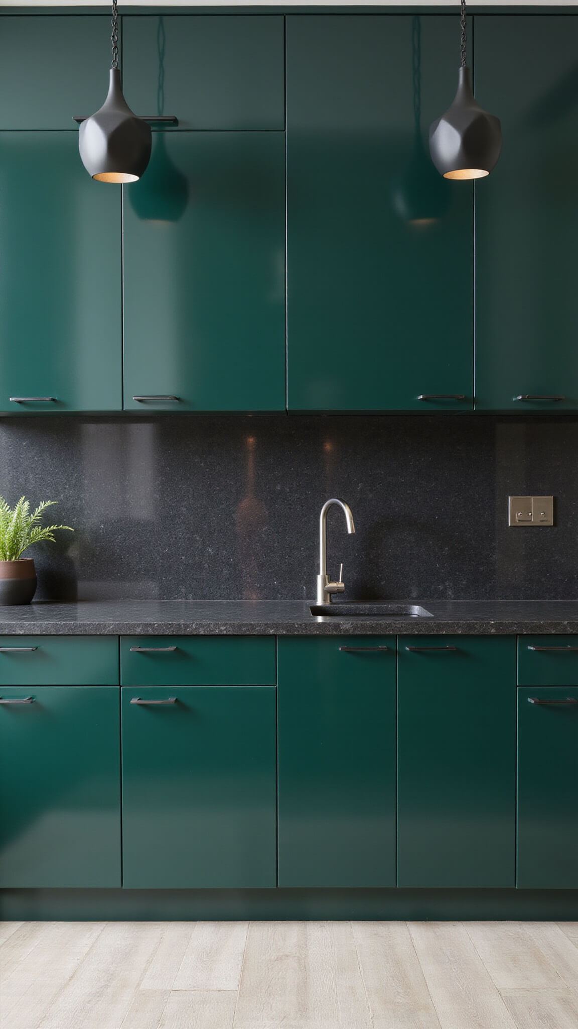 Symmetrical modern kitchen with glossy dark green cabinets, black granite counters, and matte black geometric pendant lights, lit brightly at midday.