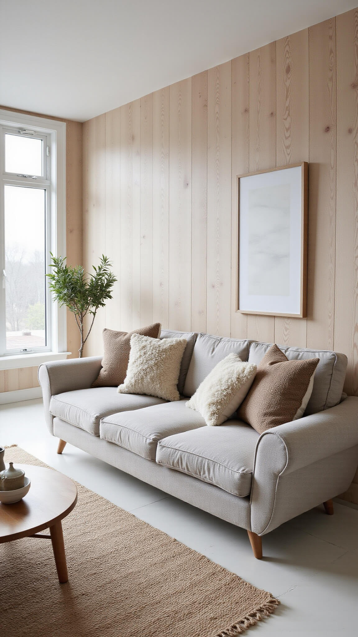 Scandinavian-inspired living room with pale wood accent wall, light grey sofa, pale oak furniture, jute rug, and soft morning light through frosted windows.
