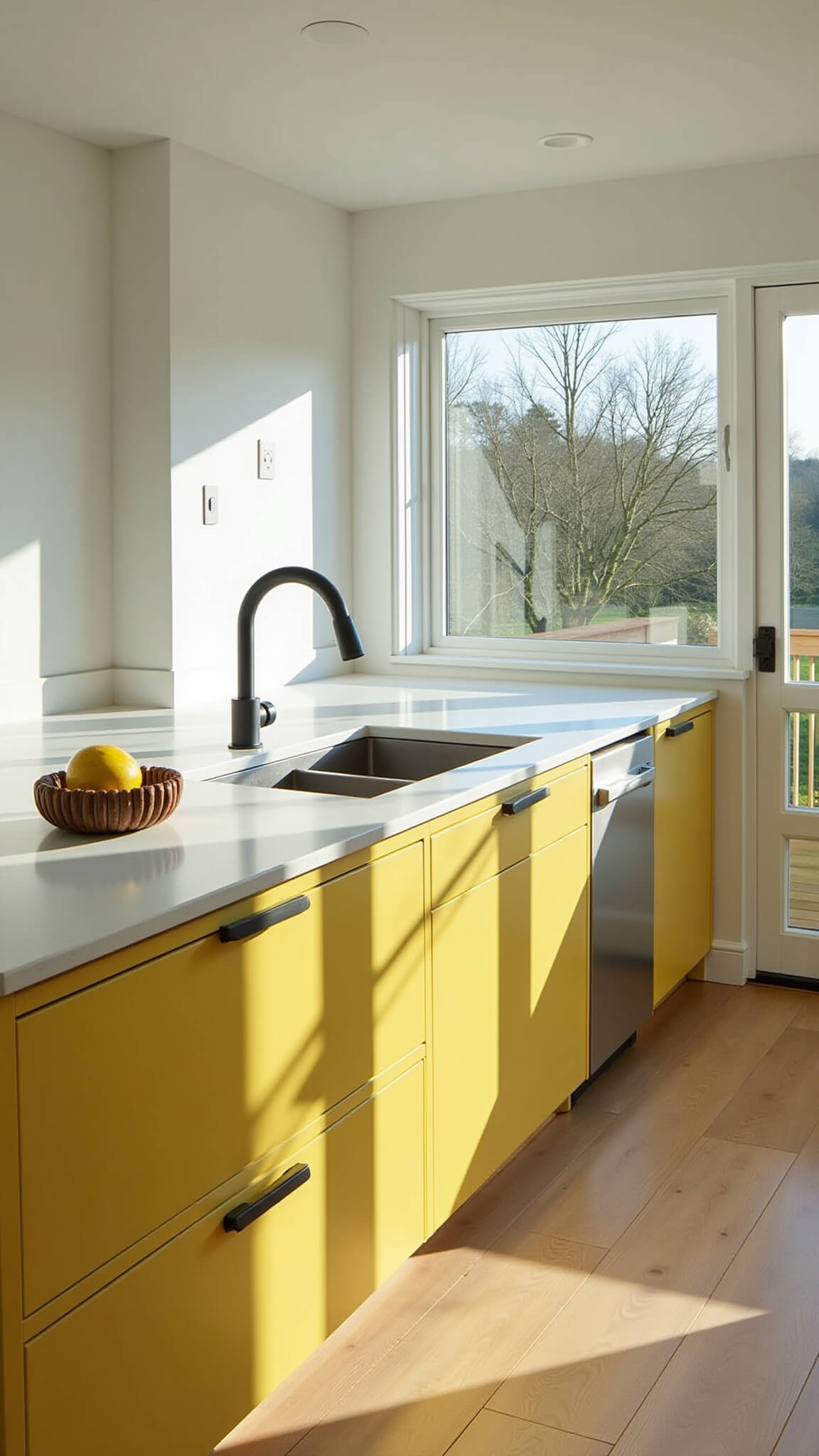 Modern sunlit kitchen with tall yellow cabinets, white quartz countertops, black hardware, and floor-to-ceiling windows.