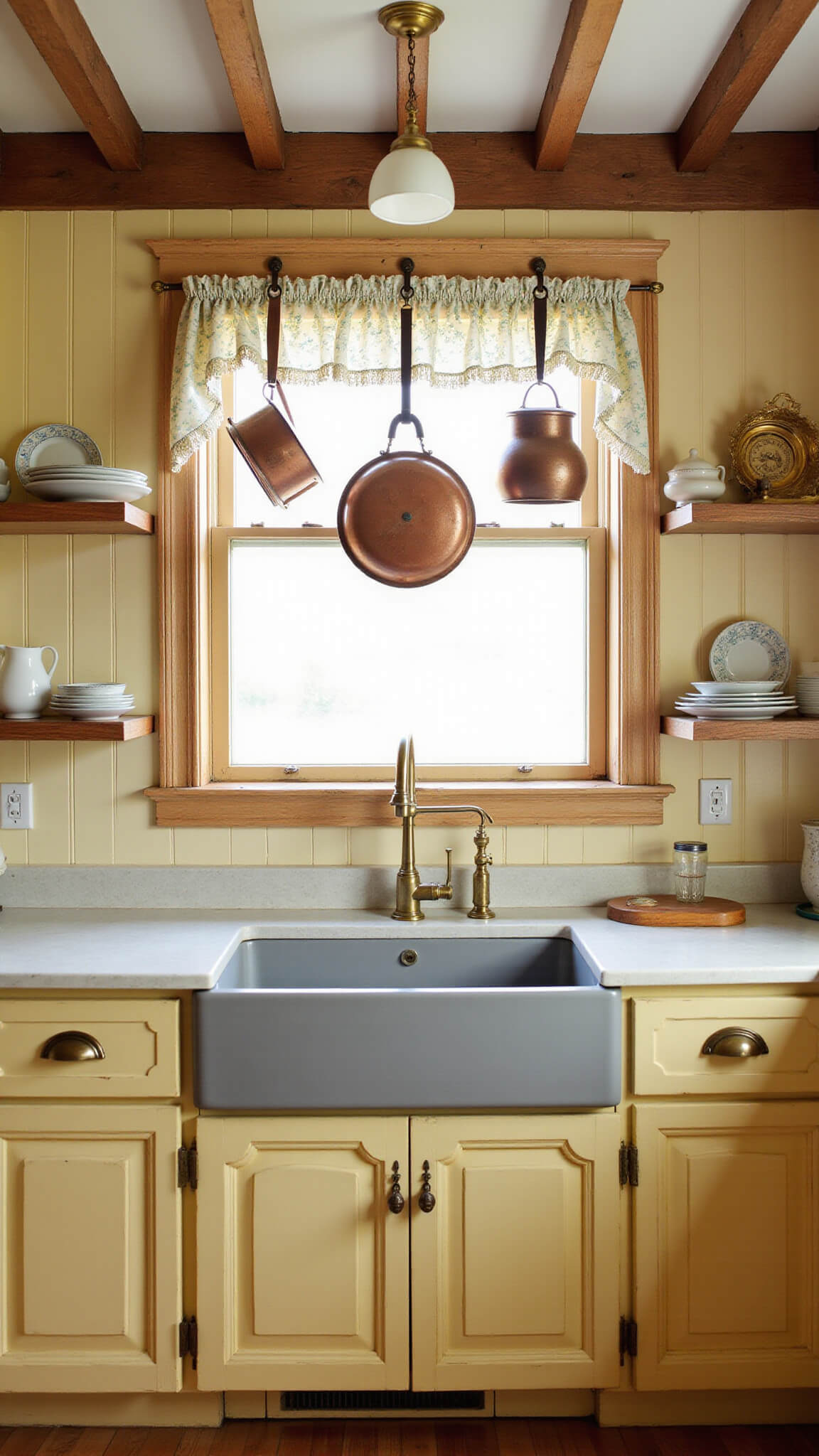 Cozy 10x12 farmhouse kitchen with butter-yellow beadboard cabinets, copper pots, soapstone counters, and rustic wood beams lit by golden hour sunlight.