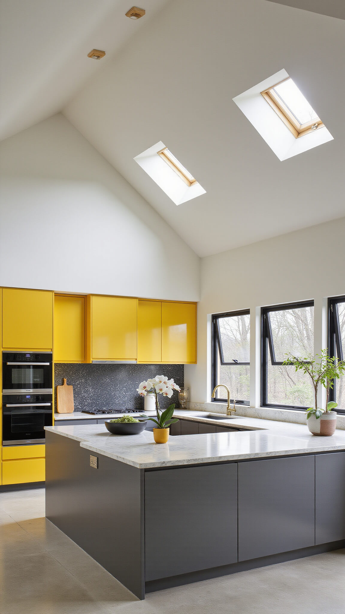 L-shaped contemporary kitchen with canary yellow upper cabinets, concrete gray lowers, veined white marble waterfall island, and vaulted ceiling with clerestory windows.