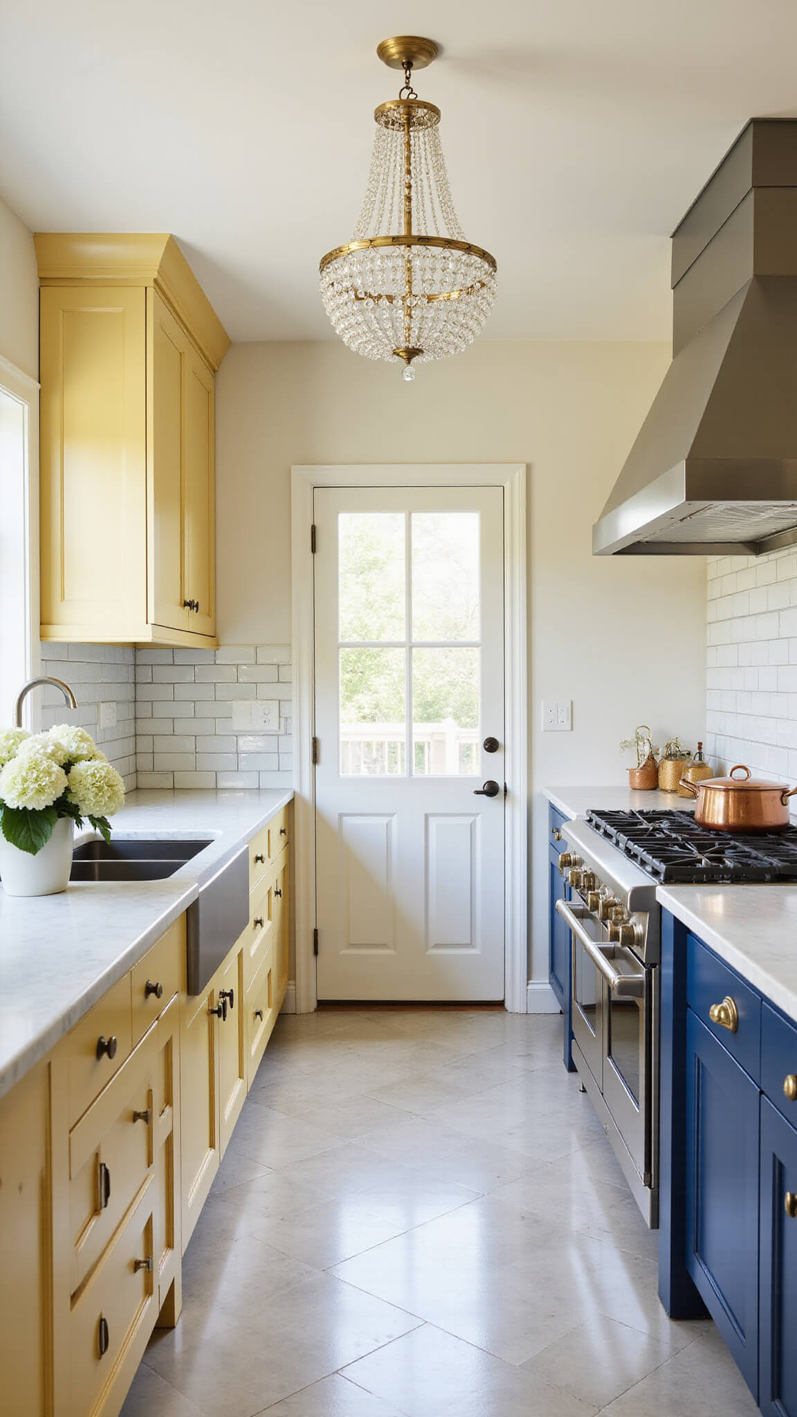 Transitional galley kitchen with honey-yellow Shaker cabinets, navy island, crystal chandelier, white subway tile with dark grout, copper cookware, white hydrangeas, and herringbone marble floors.