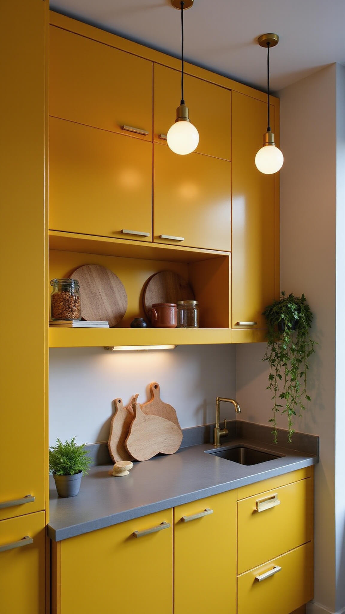Compact urban kitchen with marigold yellow cabinets, gold hardware, concrete counters, and evening LED lighting, emphasizing vertical storage and modern industrial style.