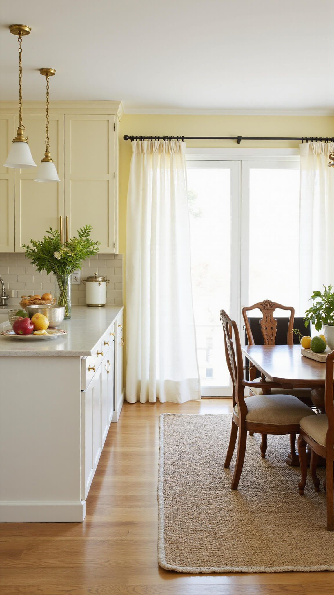 Open-concept kitchen and dining space with pale yellow 20-foot cabinet wall, white oak waterfall island, brass accents, sheer curtains glowing with dawn light, and natural fiber rug defining dining area.
