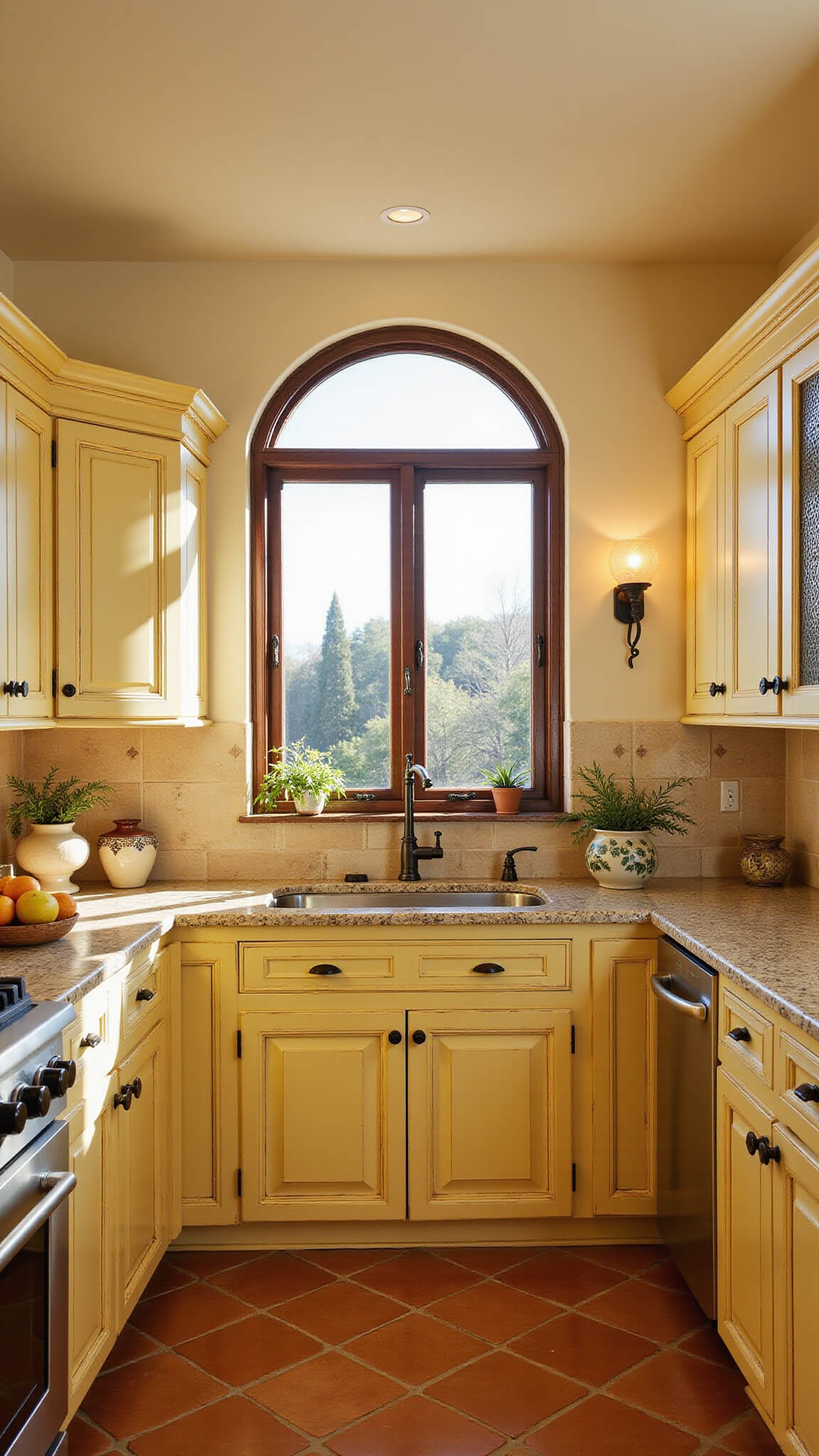 Mediterranean-style kitchen with arched window, yellow antiqued cabinets, terra cotta floors, and hand-painted tile backsplash in warm afternoon light.