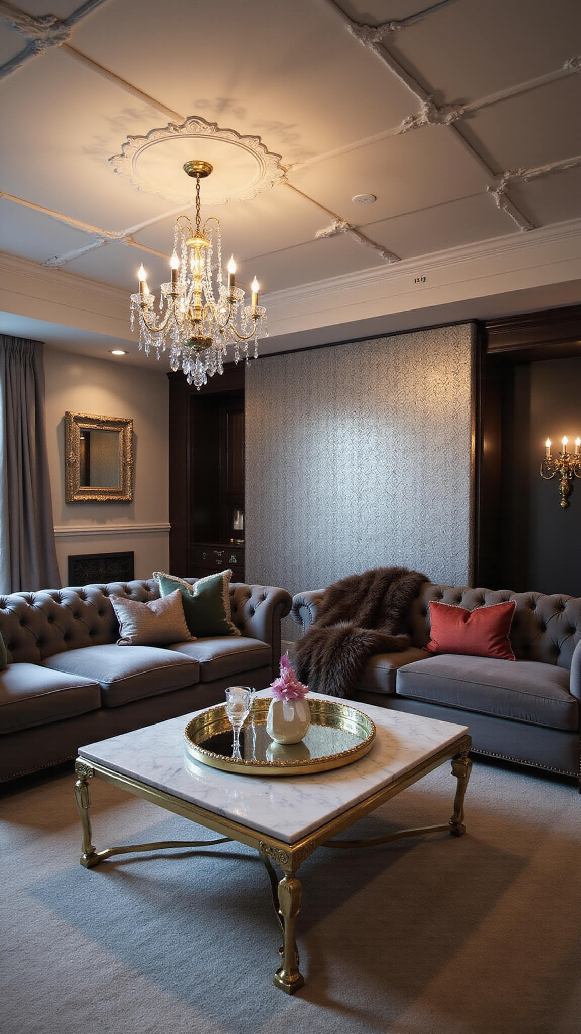 Luxurious living room with coffered ceilings, crystal chandelier, deep grey velvet tufted sofa, marble coffee table, jewel-toned silk pillows, fur throws, metallic geometric wallpaper, and crystal-brass accents, viewed from a low angle with dramatic evening lighting.