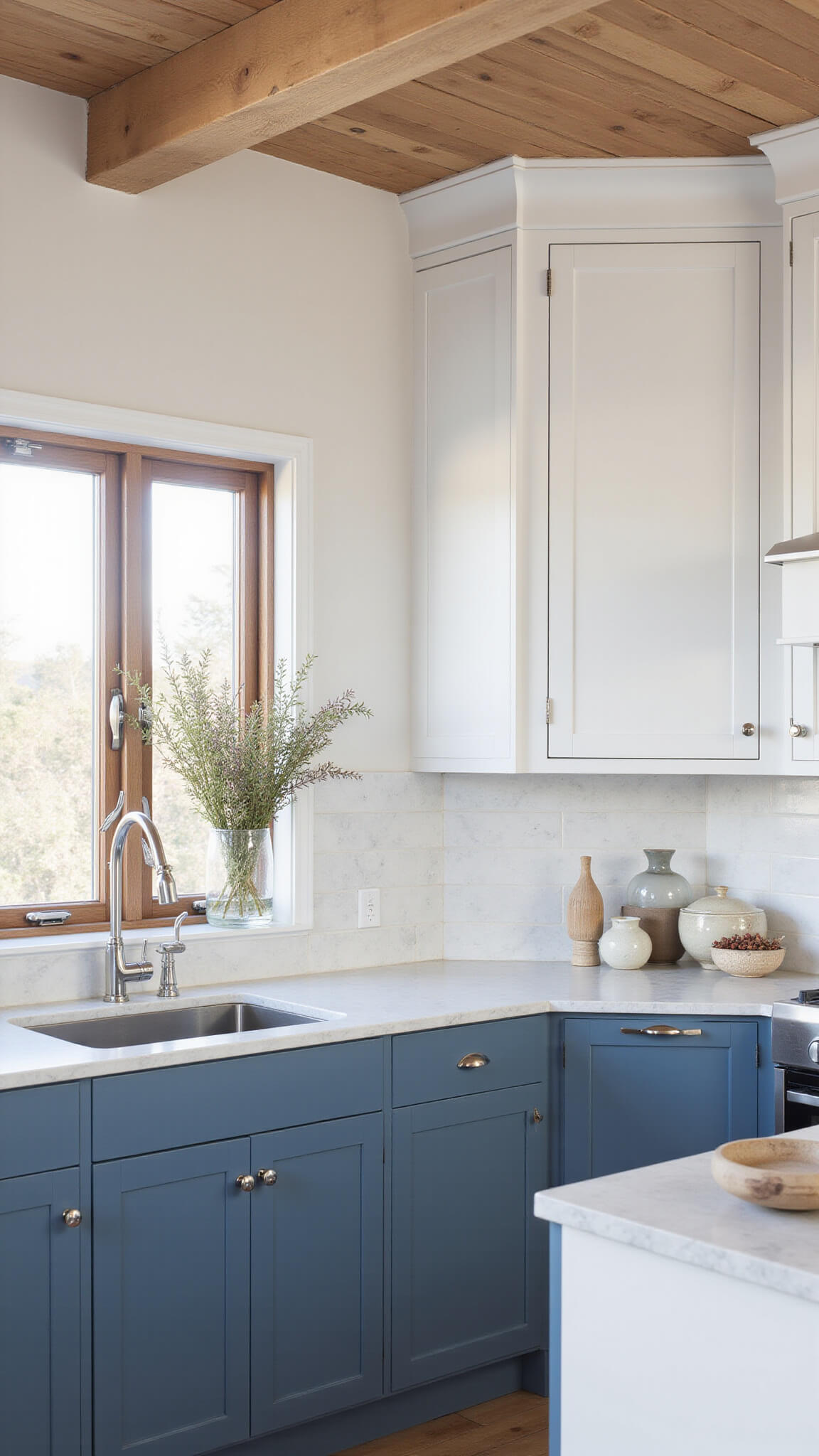 Scandinavian kitchen with white and fjord blue cabinets, marble backsplash, white oak ceiling with beams, and morning light highlighting minimalist decor.