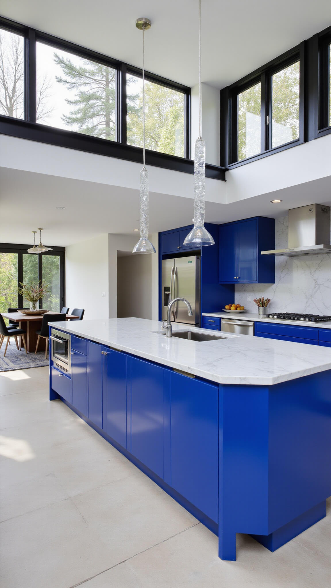 Bold contemporary kitchen with royal blue high-gloss cabinets, white marble surfaces, black steel-framed windows, chrome appliances, and glass pendant lighting.