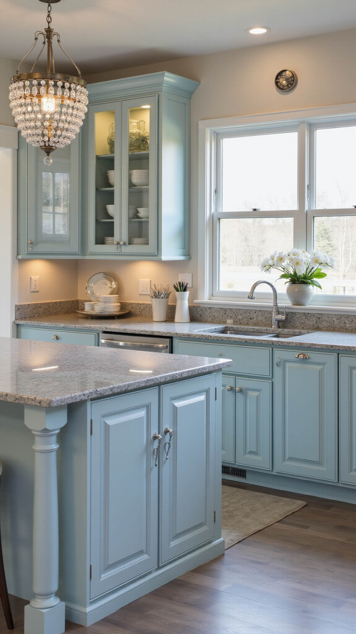 Elegant transitional kitchen with robin's egg blue cabinets, crystal chandelier, and soft dusk lighting creating a dreamy atmosphere.