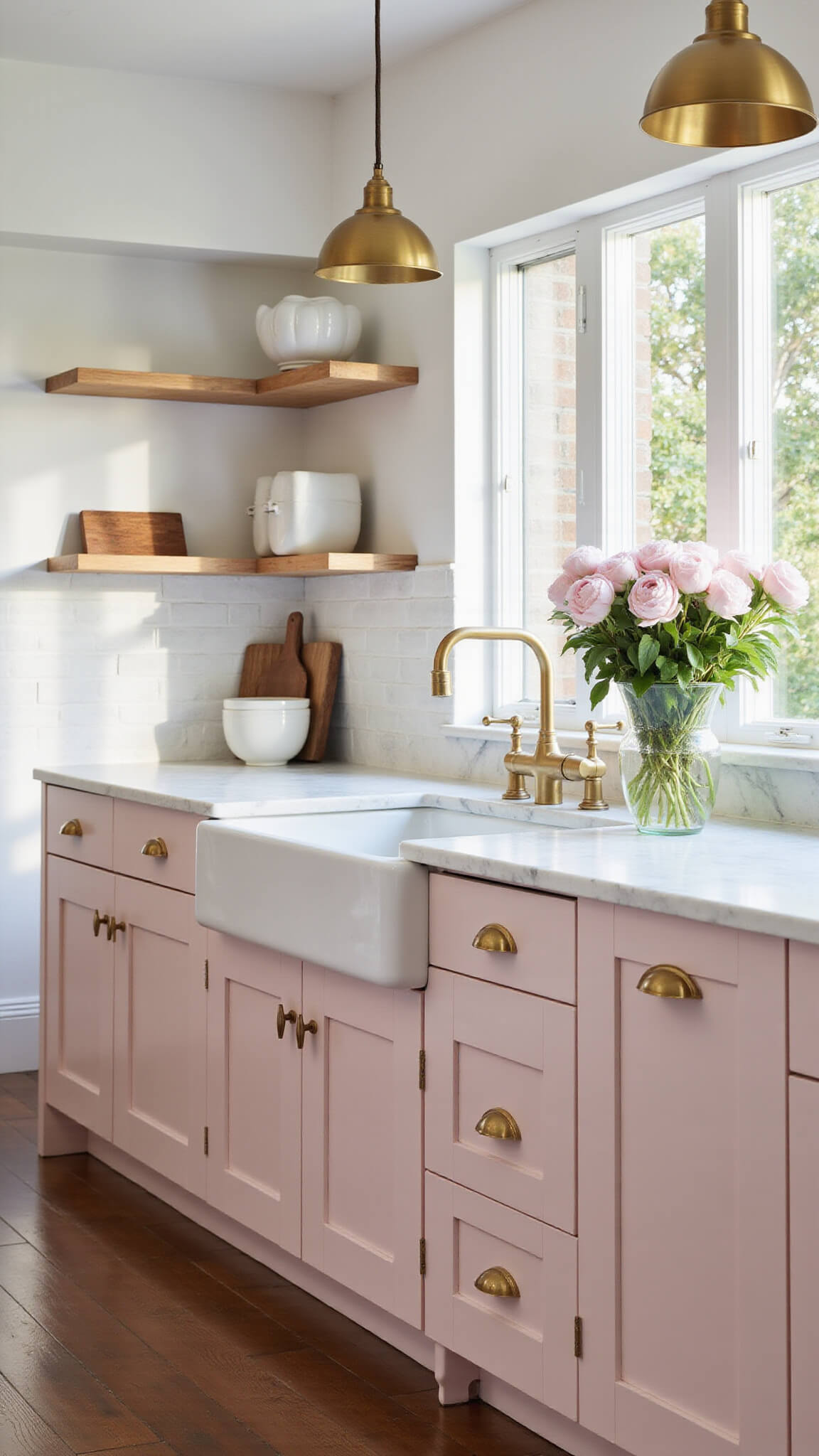 Modern blush pink kitchen with marble island, gold hardware, and sunlit windows.