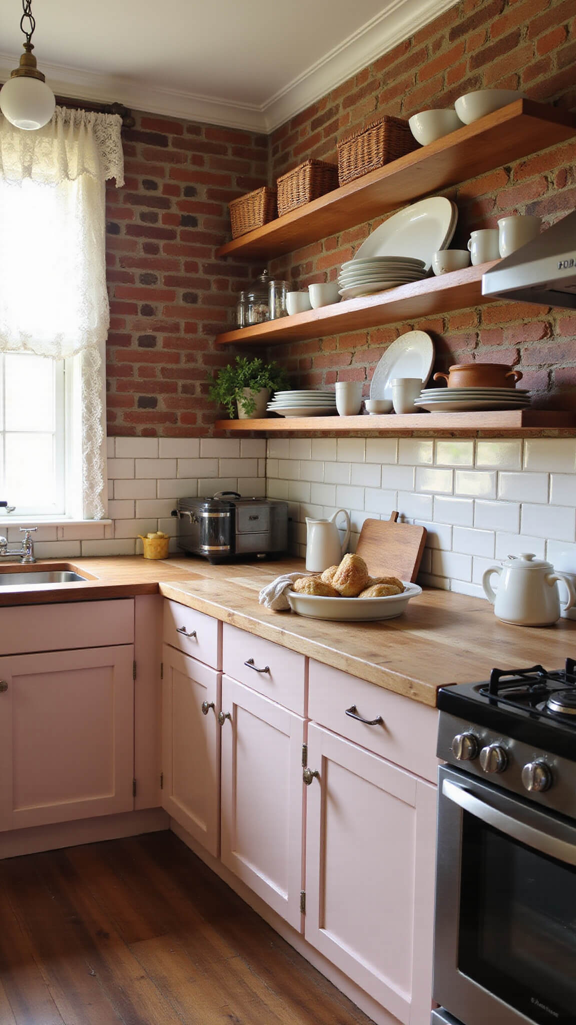 Cozy 10x12ft cottage kitchen with powder pink shaker cabinets, exposed brick walls, butcher block counters, and vintage accents bathed in golden hour light.