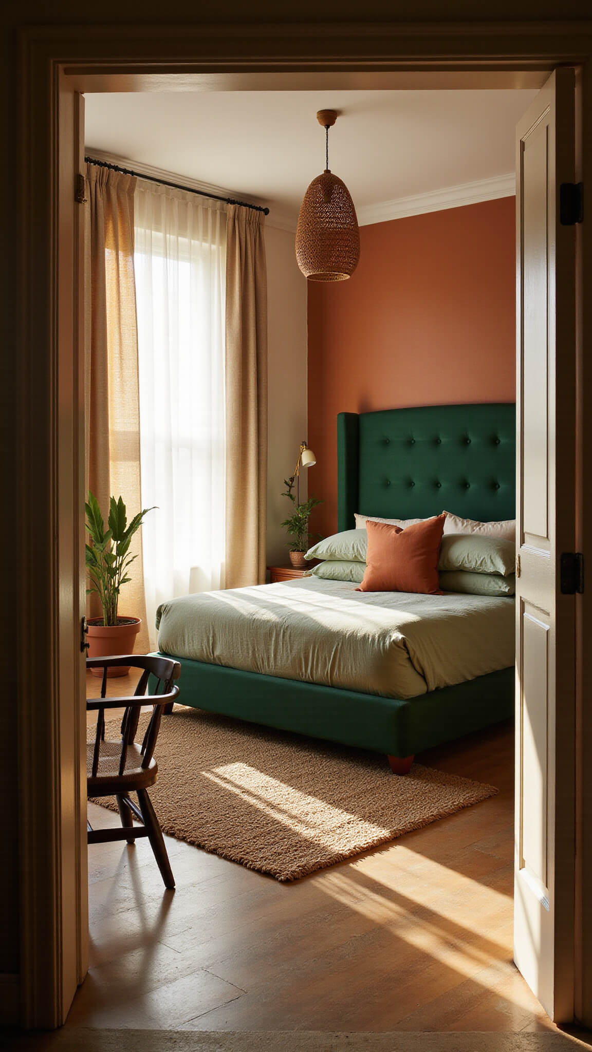 Serene bedroom with emerald velvet headboard, sage linens, terracotta accents, rattan pendant, and layered rugs in warm natural light.