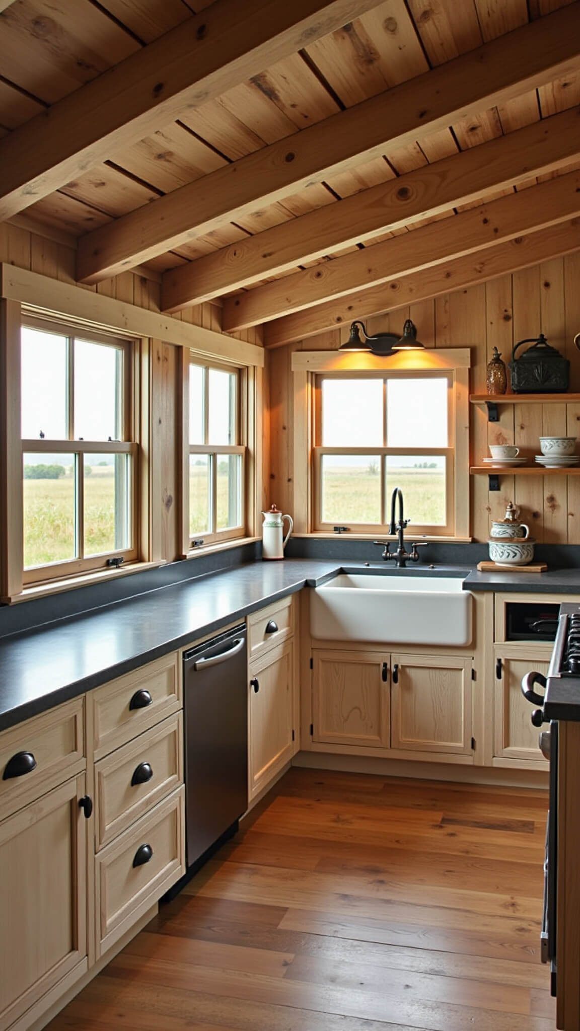 Cozy rustic farmhouse kitchen with white oak cabinetry, exposed wooden beams, and golden hour sunlight filtering through vintage windows.