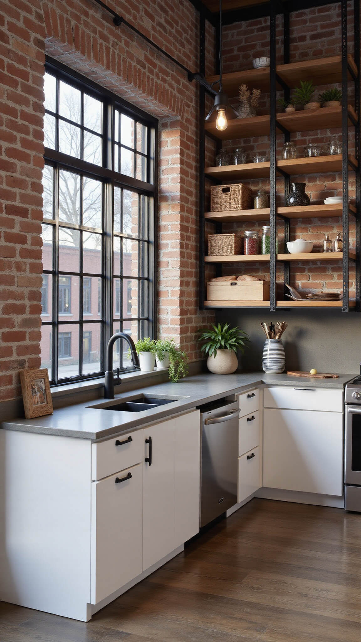 Urban industrial chic kitchen with white oak cabinets, exposed brick wall, metal shelving, concrete countertops, and moody evening lighting.