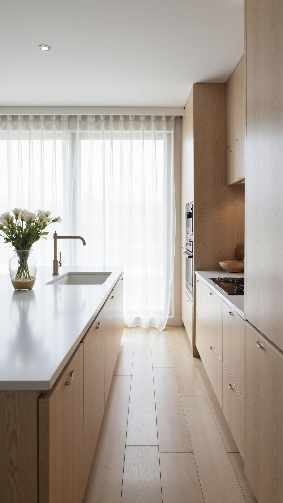 Bright Scandinavian minimalist kitchen with pale oak handleless cabinets, white counters, and soft daylight through sheer curtains.