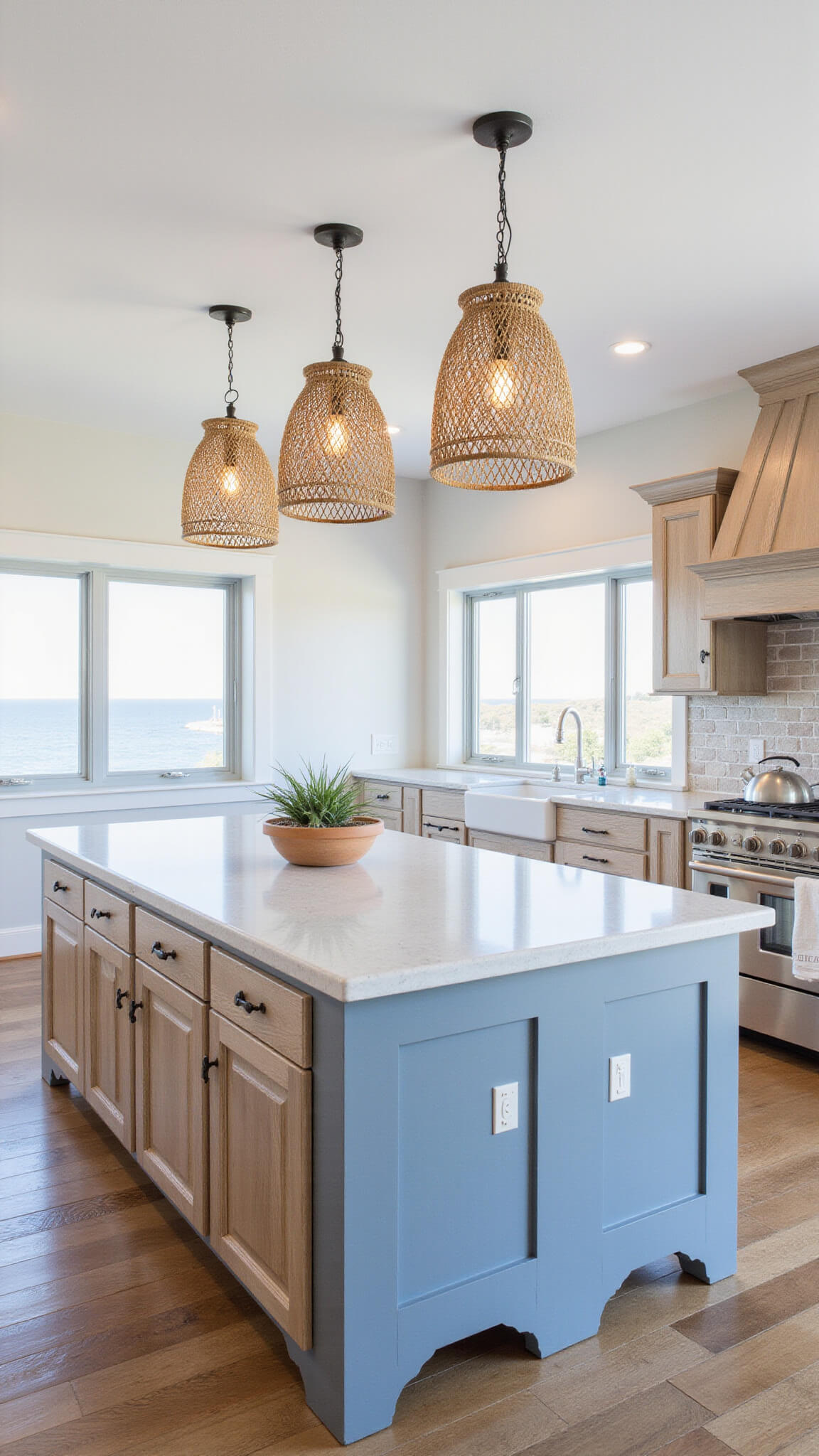 Coastal oak kitchen with shaker-style whitewashed cabinets, blue-gray island, shell tile backsplash, woven pendant lights, and large windows showcasing ocean views.