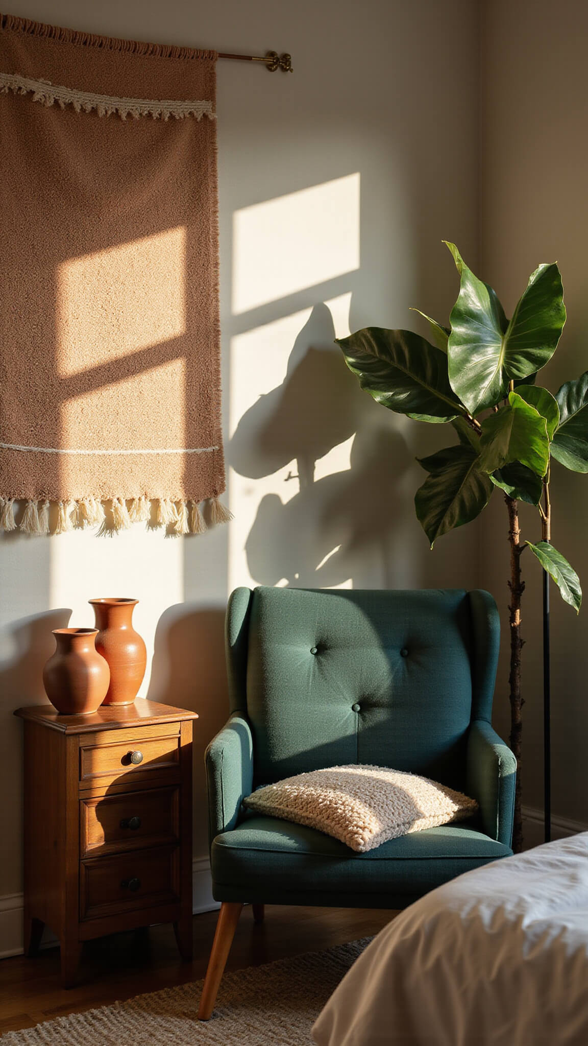 Cozy bedroom nook with forest green chair, chunky knit throw, terracotta ceramics on vintage table, and woven wall hanging in warm sunset light.