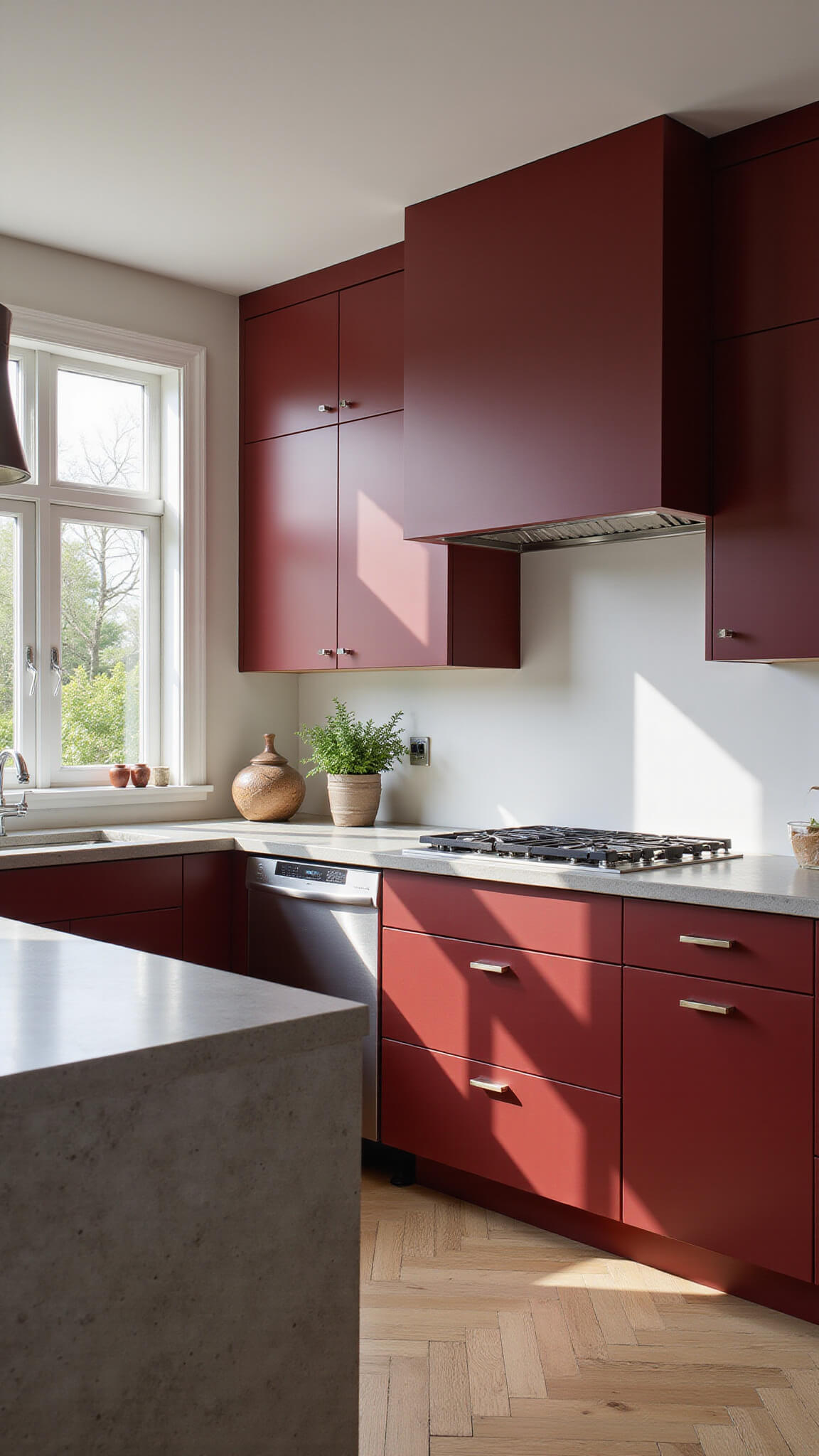 Contemporary sunlit kitchen with crimson matte cabinets, concrete island, chrome pendants, and light oak herringbone floors.