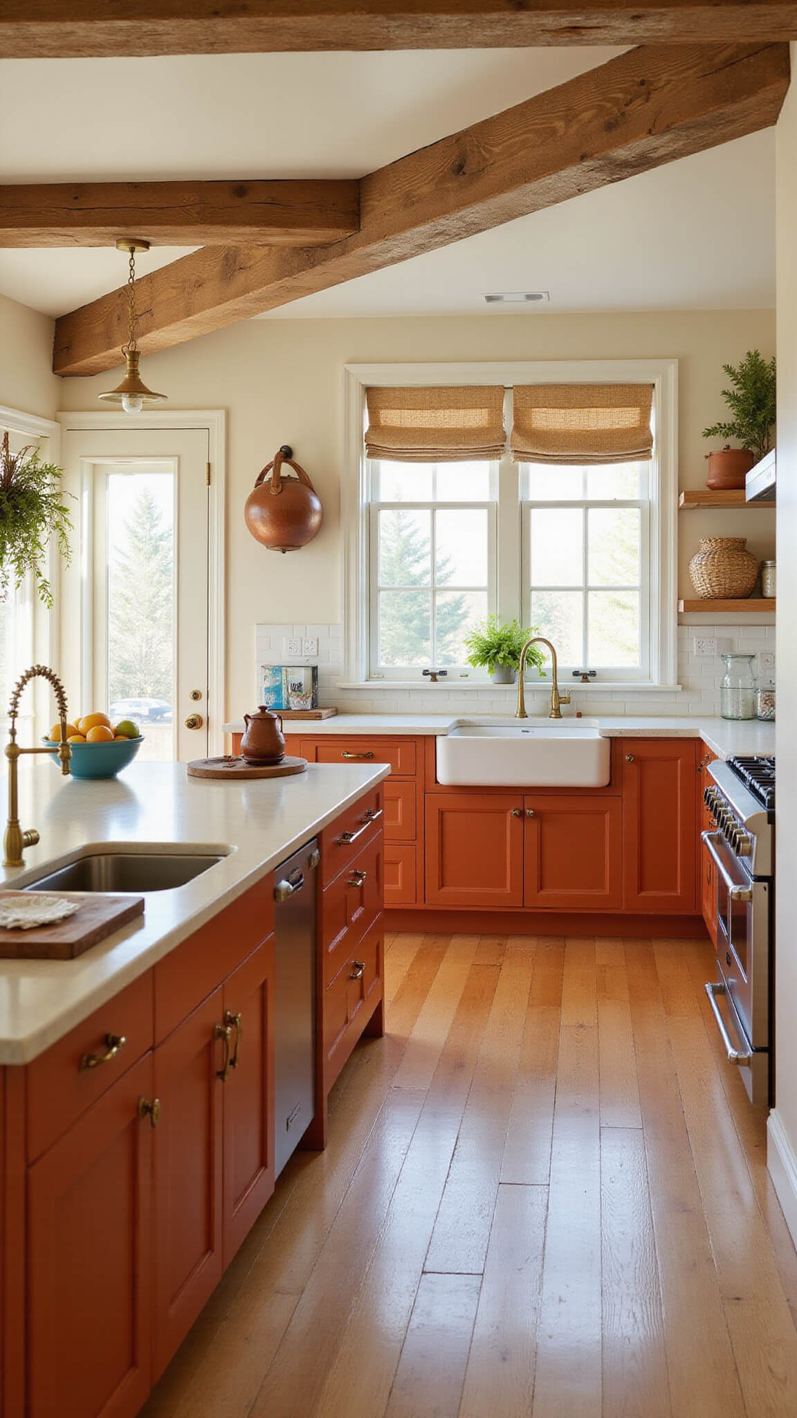 Warm farmhouse-style kitchen with terracotta cabinets, cream quartzite countertops, central island under antique copper pot rack, rustic wooden ceiling beams, and golden hour light filtering through roman shades.
