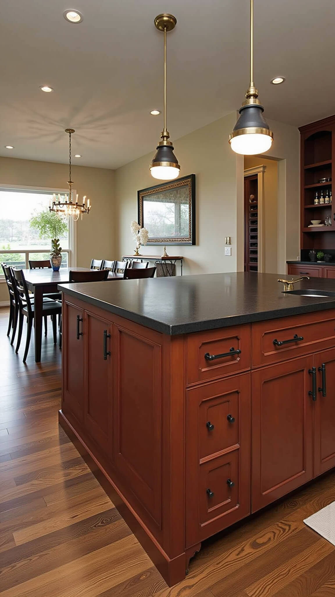 Open-concept kitchen with red-brown cabinets, black granite counters, dark walnut floors, pendant lighting, floor-to-ceiling storage wall with wine rack, and curated copper and art glass decor.