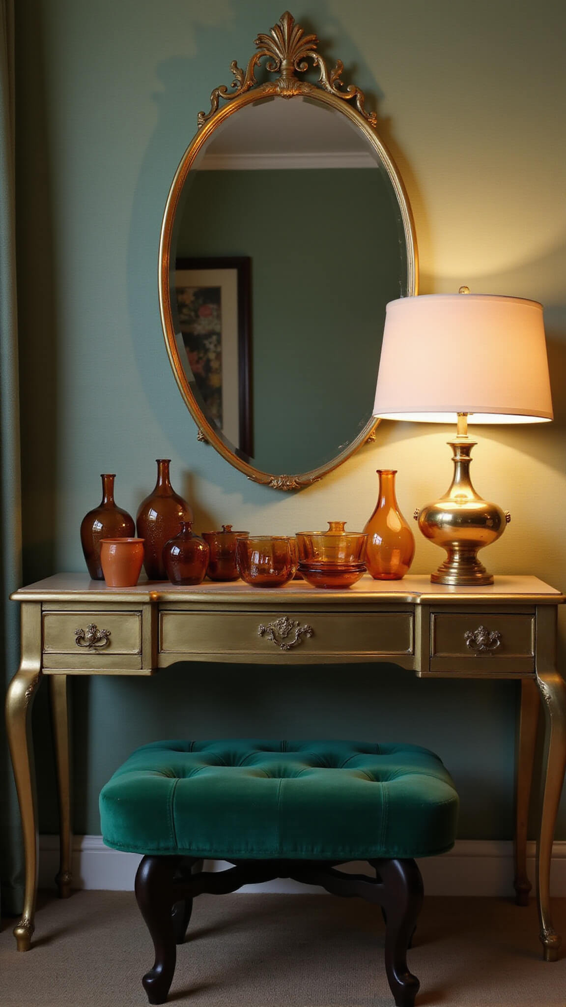 Art deco-style bedroom vanity with emerald velvet stool, brass accents, vintage mirror, and amber glass vessels in twilight lighting.