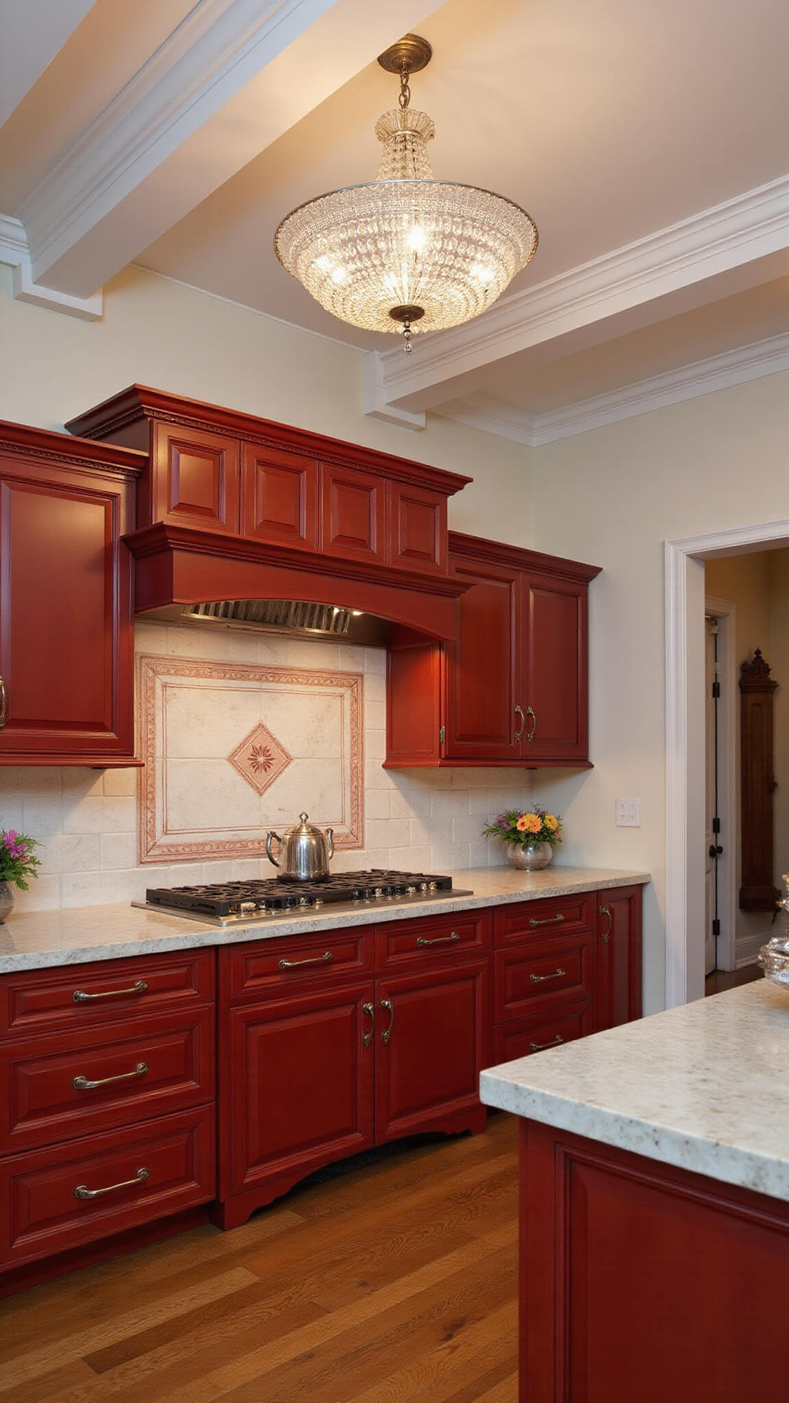 Classic red-lacquered kitchen with crown molding, marble countertops, crystal chandelier, and cherry hardwood floors.