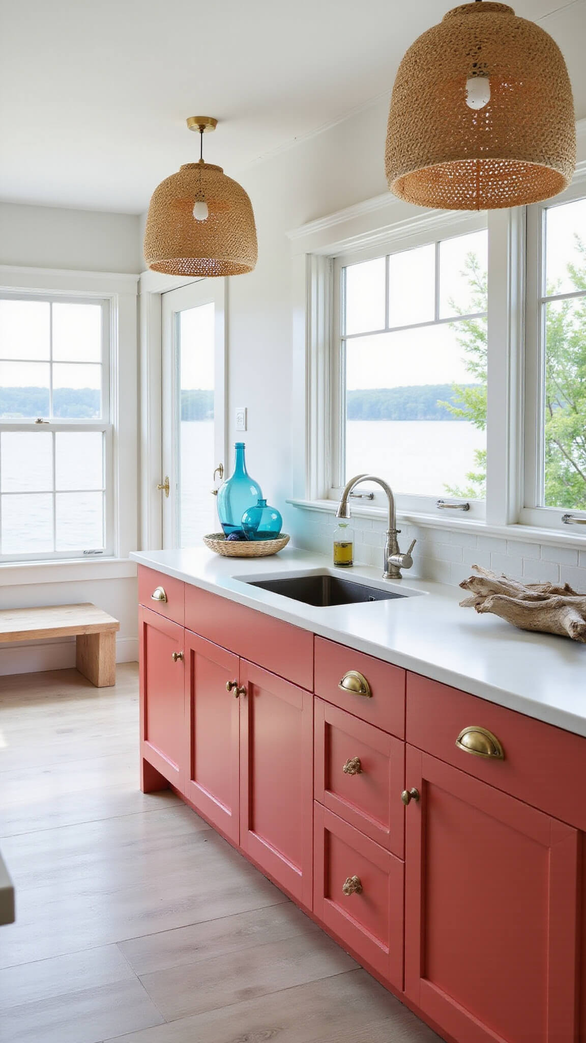 Contemporary coastal kitchen with coral red cabinets, white quartz counters, rattan lights, and bay window view of water.