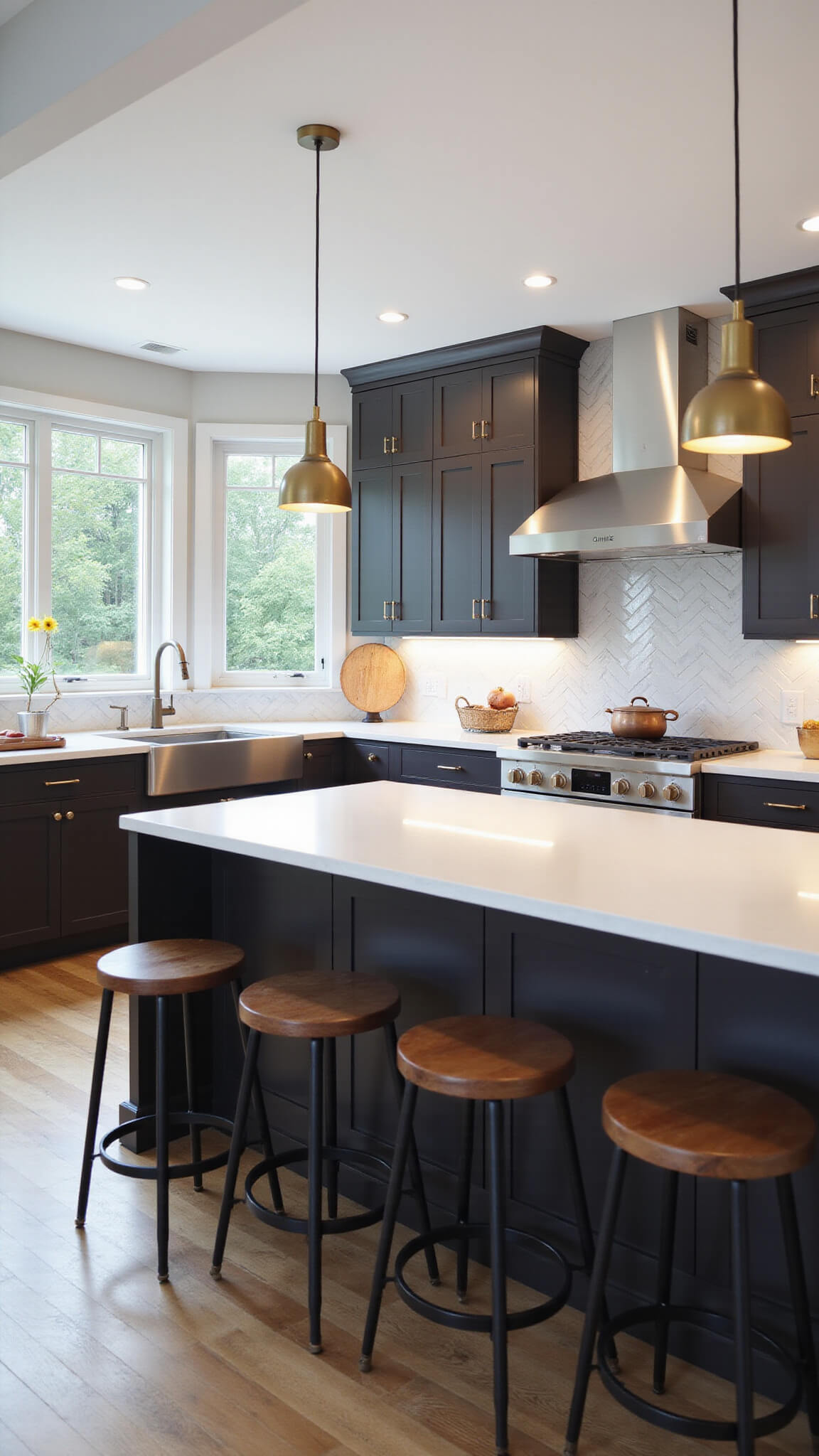 Modern kitchen with espresso cabinets, white quartz countertops, brass pendants over island, chevron marble backsplash, and floor-to-ceiling windows with natural light.
