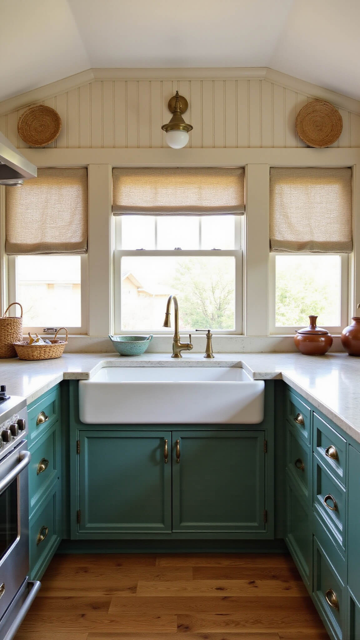 Cozy farmhouse kitchen with forest green beadboard cabinets, cream limestone counters, vaulted ceiling, and golden hour lighting.