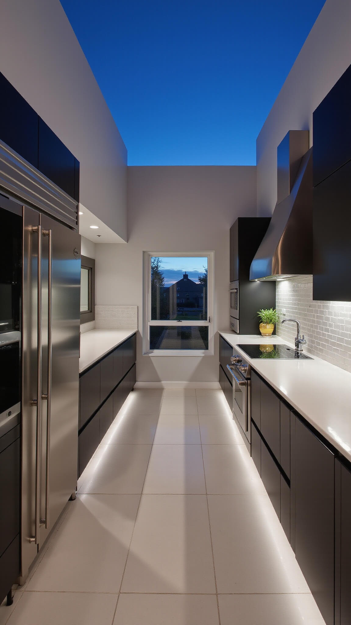 Contemporary galley kitchen with black cabinets, white waterfall island, LED lighting, and stainless appliances at dusk.