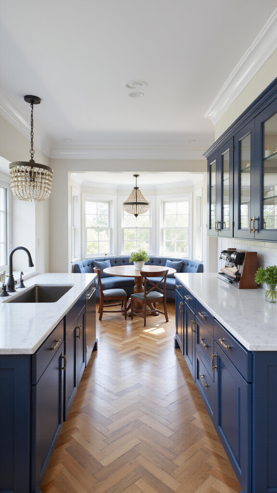 L-shaped transitional kitchen with navy raised-panel cabinets, marble countertops, tray ceiling, crystal chandelier over circular breakfast nook, herringbone wood floors, and mirror-backed glass cabinets.