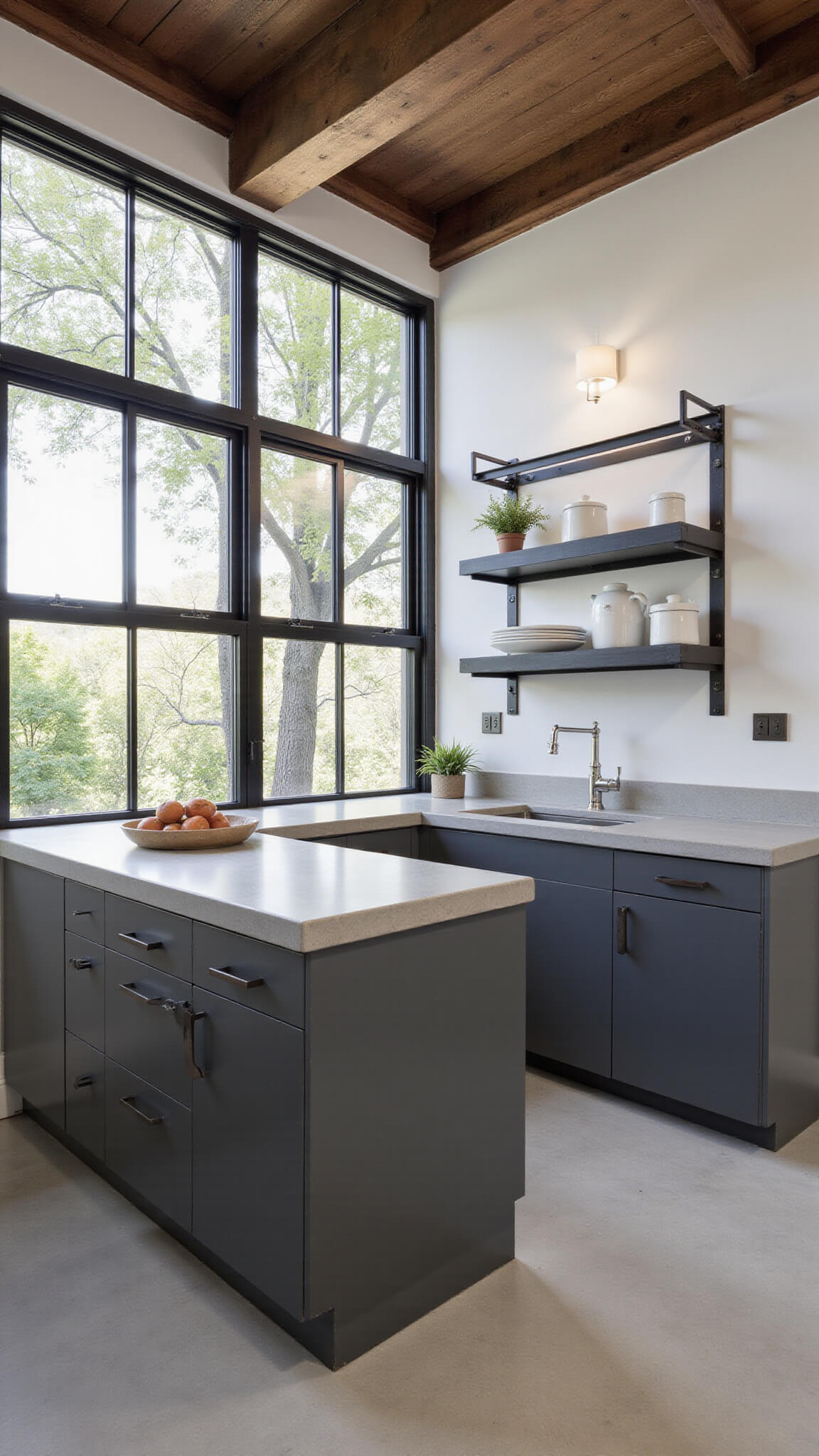 Industrial-modern kitchen with charcoal gray cabinets, concrete countertops, exposed beam ceiling, factory windows, blackened steel shelving, and brushed metal fixtures, viewed from elevated angle with strong directional lighting.
