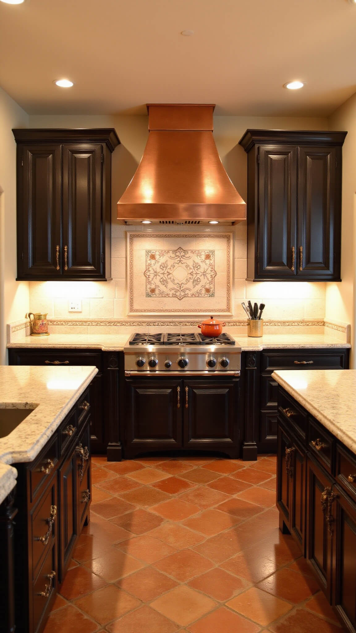 Mediterranean kitchen with espresso cabinets, terracotta floors, copper hood, and arched doorway framed by sunset light.