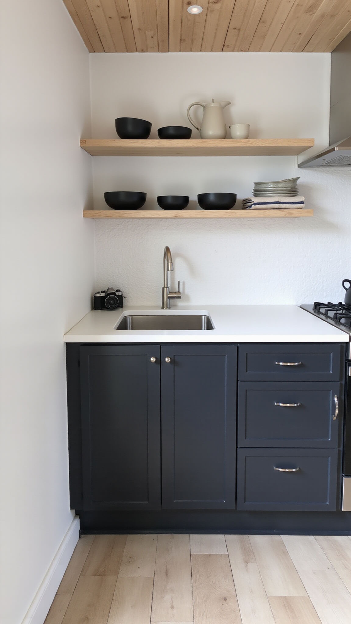 Scandinavian minimal kitchen with matte black cabinets, white penny tile backsplash, white oak ceiling, and pale ash open shelves displaying minimalist pottery, lit by soft northern daylight.