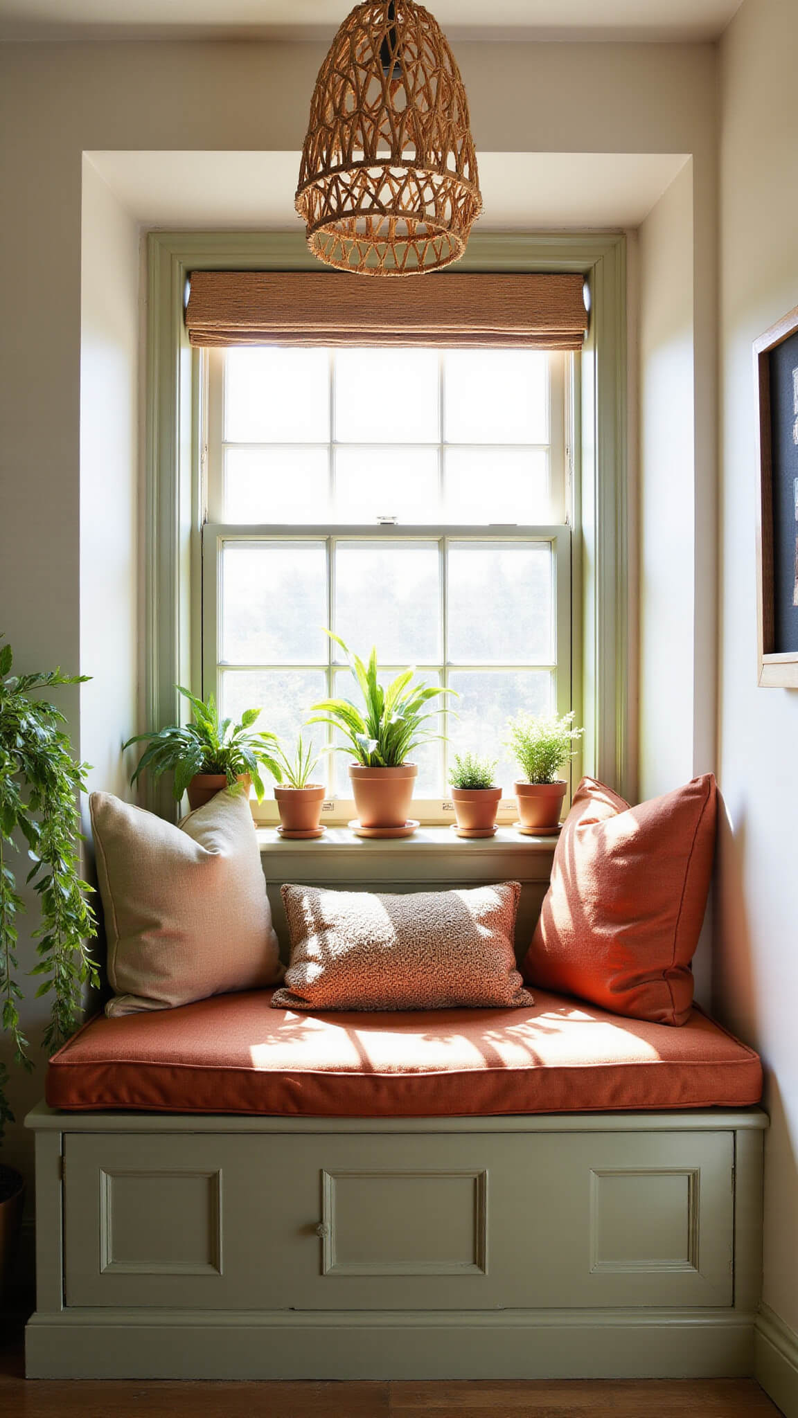 Sunlit sage green window seat with terracotta cushions, rattan pendant lamp, trailing plants, and bohemian decor.