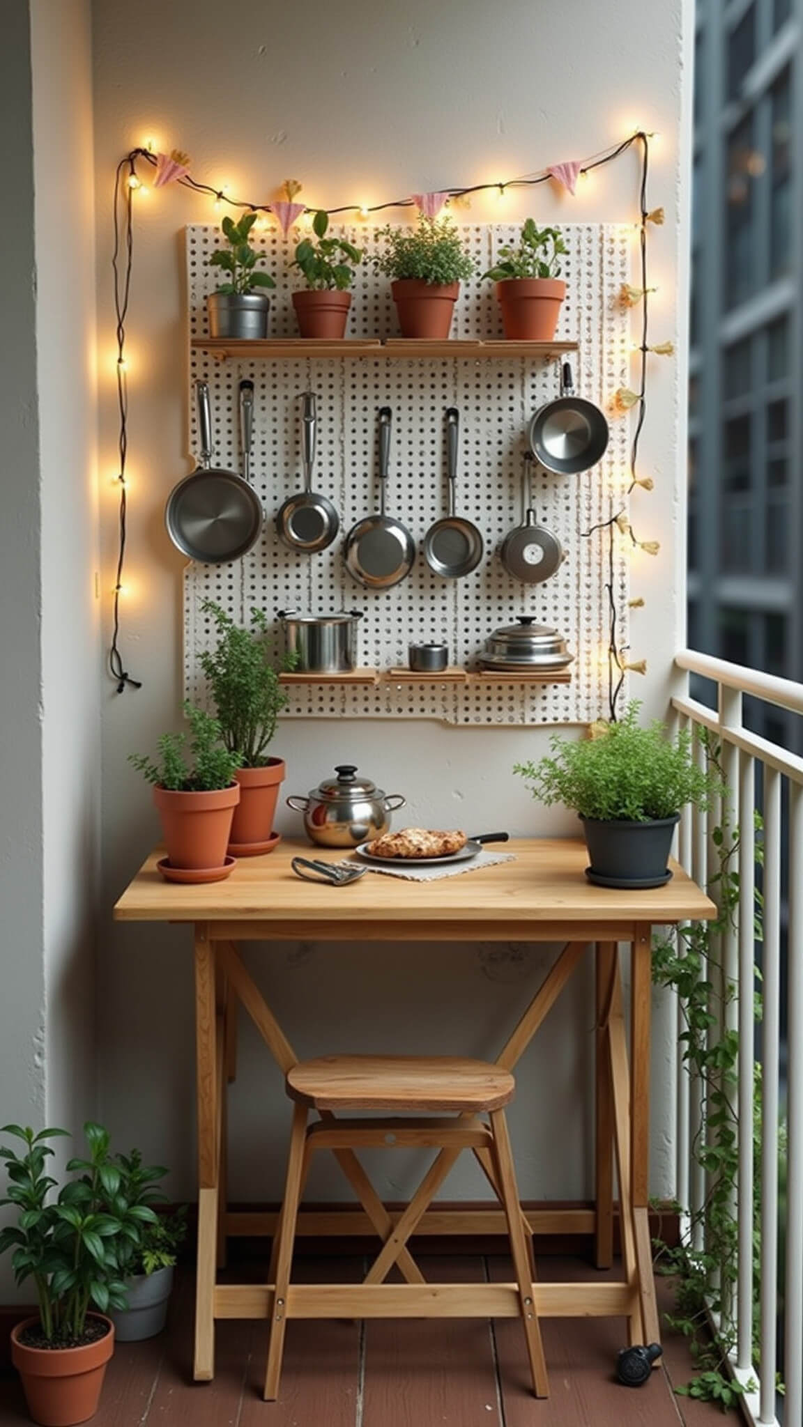 Cozy 6x6ft balcony mud kitchen with folding wooden table, pastel bunting, mini stainless cookware on pegboard, and terracotta potted herbs in soft morning light.