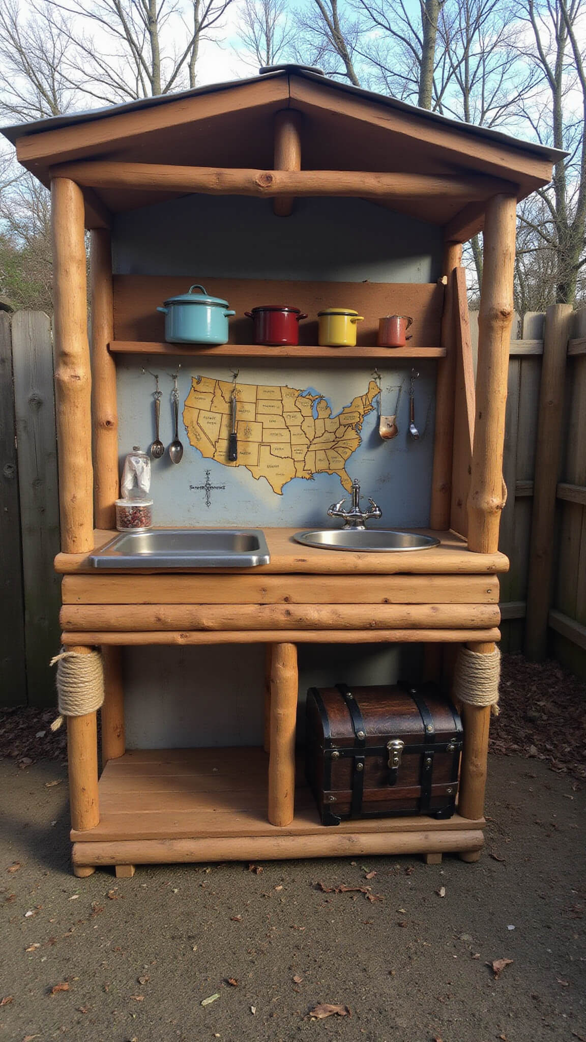 Rustic adventure-themed mud kitchen in garden corner with tin roof, rope-wrapped posts, painted explorer map, child-height prep surfaces, vintage enamelware, and treasure chest tool storage in moody morning light.