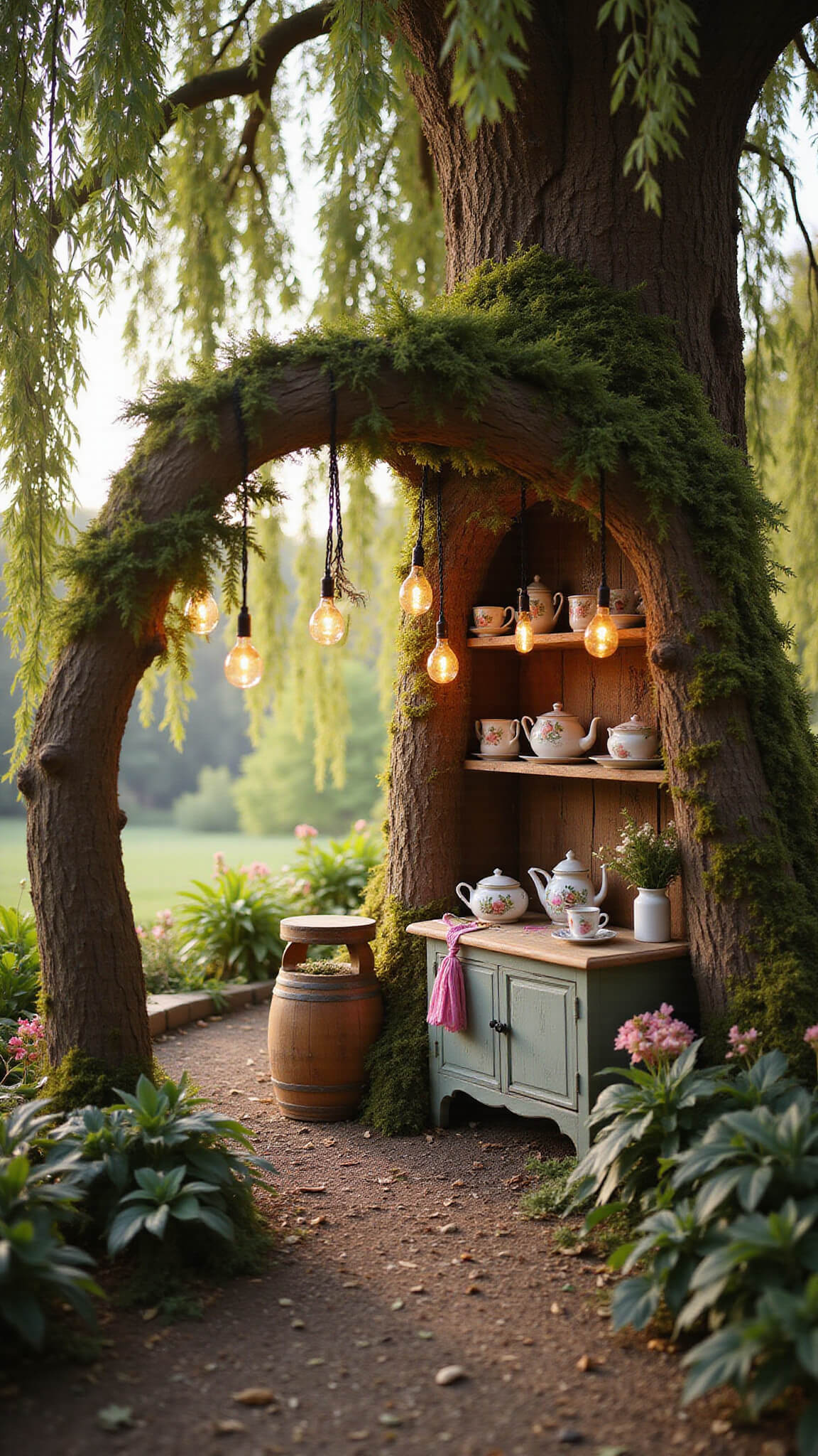 Fairy-tale mud kitchen under weeping willow at golden hour with arched branch entrance, solar lights, and mossy shelves displaying vintage tea sets.