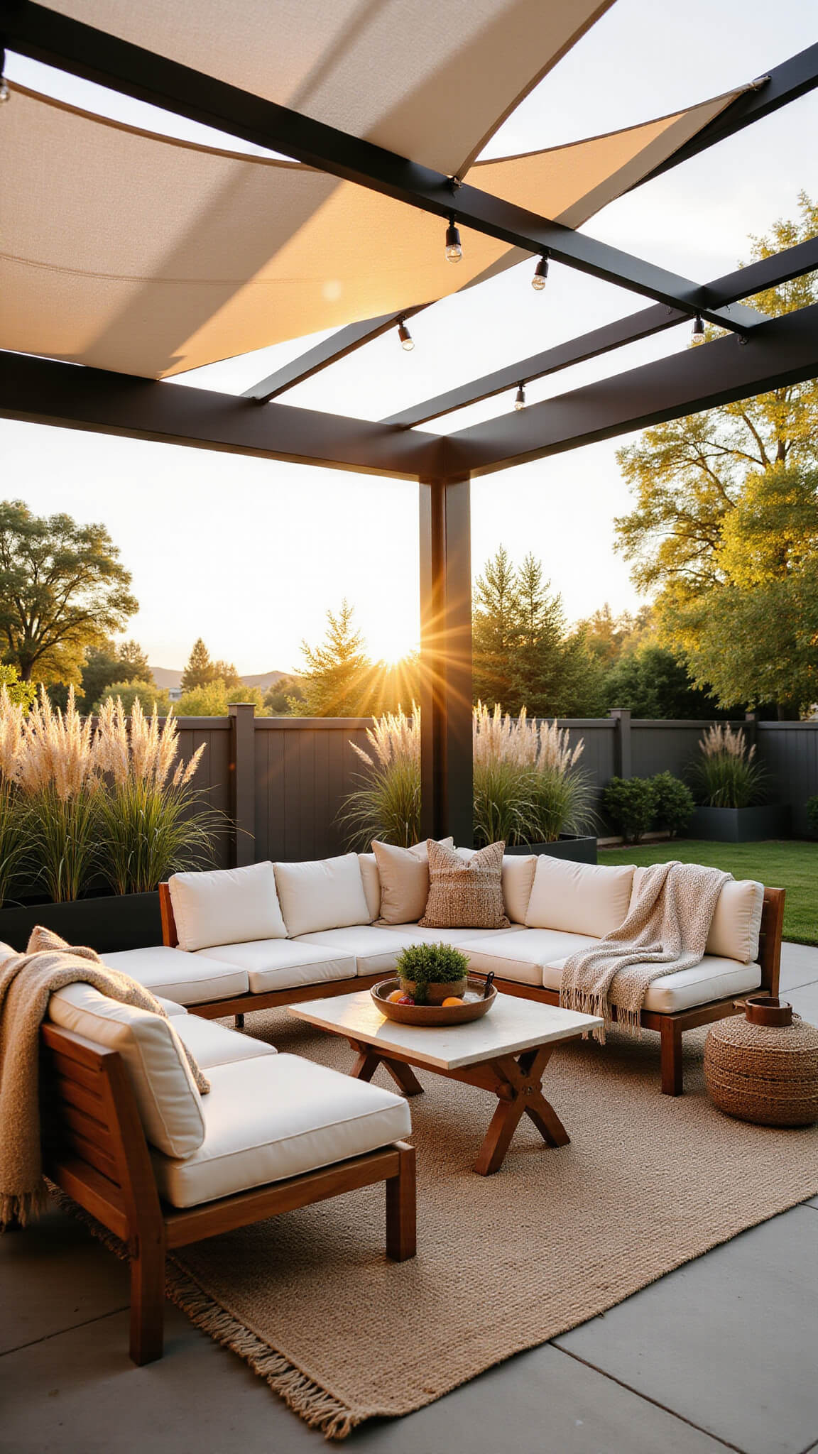Luxurious backyard chill zone with teak sectional under black pergola at golden hour, featuring cream cushions, textured pillows, and tall grasses in warm sunlight.