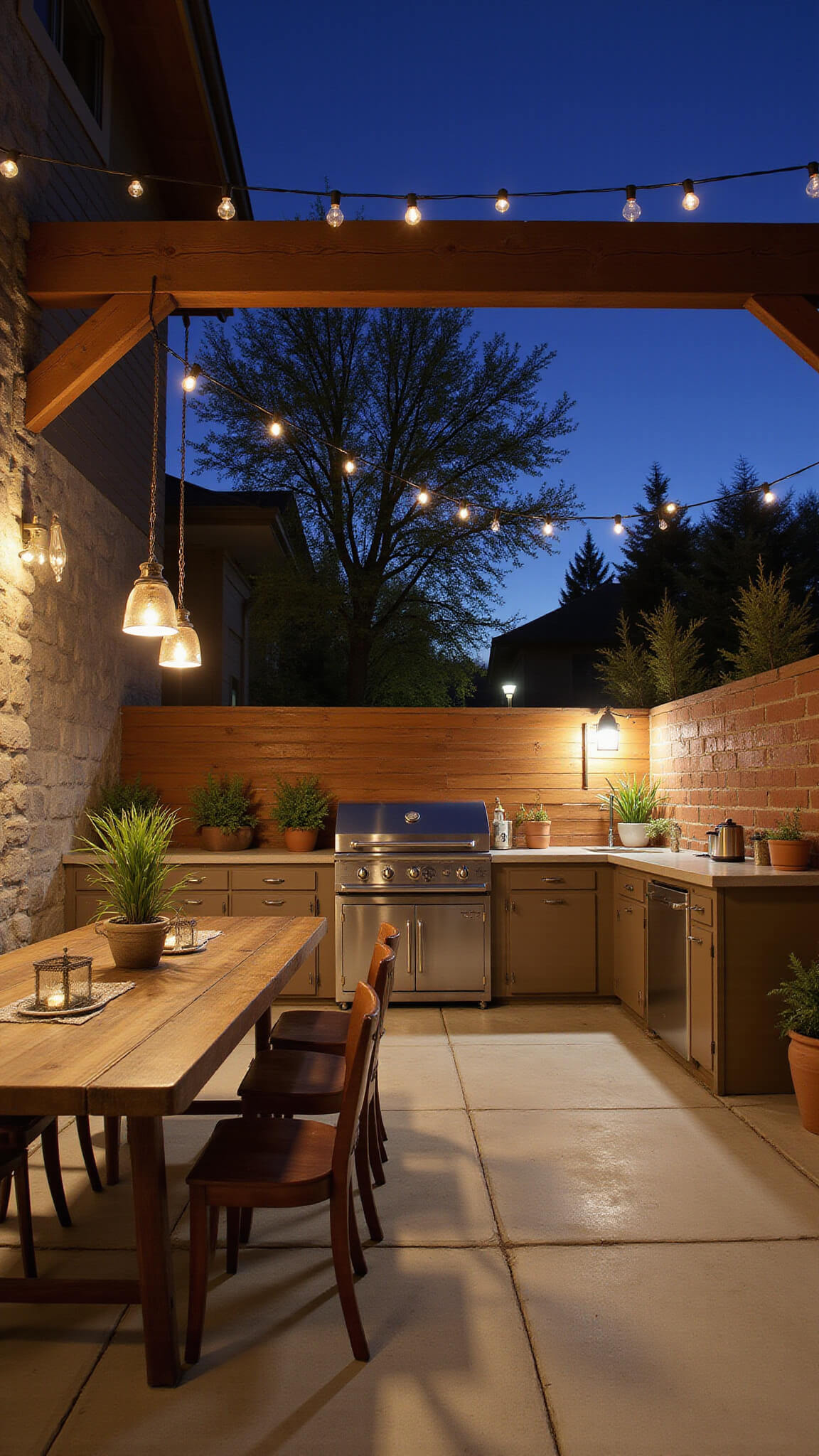 Evening outdoor kitchen with stainless steel grill, concrete counters, reclaimed wood dining table, and warm ambient lighting from string lights and lanterns.